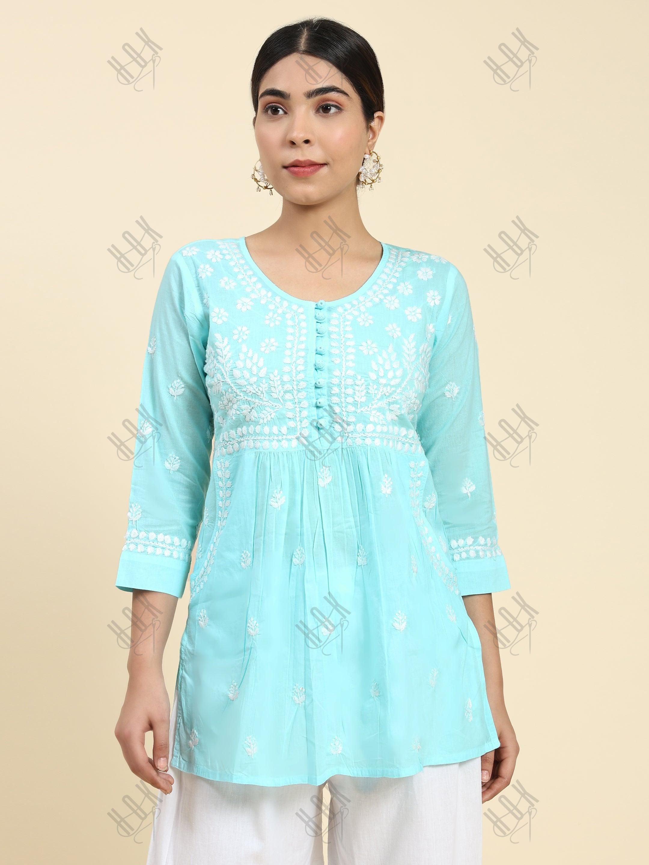 Samma Chikankari Short Kurta in Cotton for Women - Light Blue - House Of Kari (Chikankari Clothing)