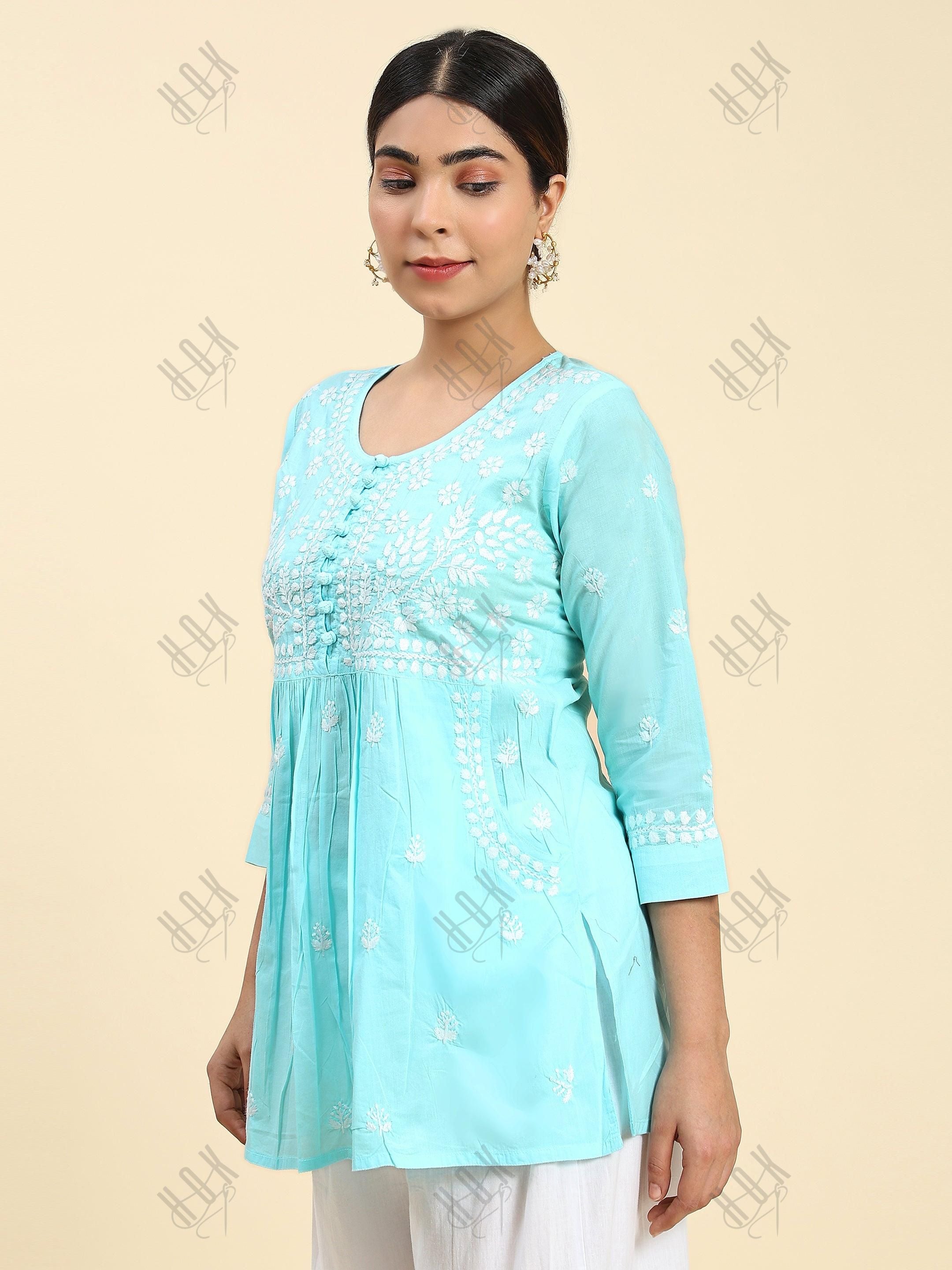 Samma Chikankari Short Kurta in Cotton for Women - Light Blue - House Of Kari (Chikankari Clothing)