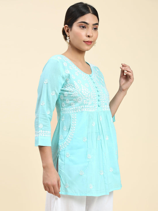 Samma Chikankari Short Kurta in Cotton for Women - Light Blue - House Of Kari (Chikankari Clothing)