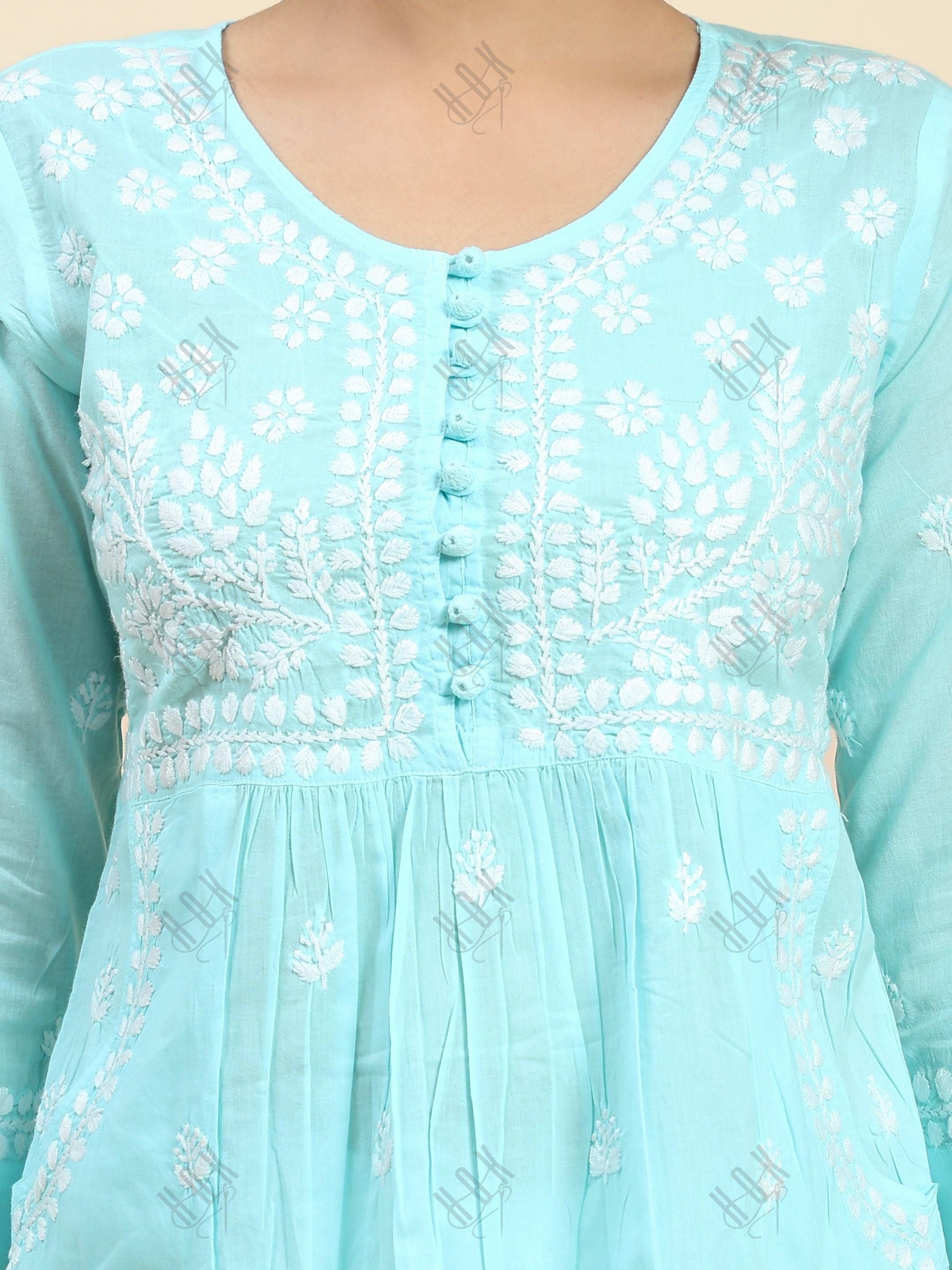 Samma Chikankari Short Kurta in Cotton for Women - Light Blue - House Of Kari (Chikankari Clothing)