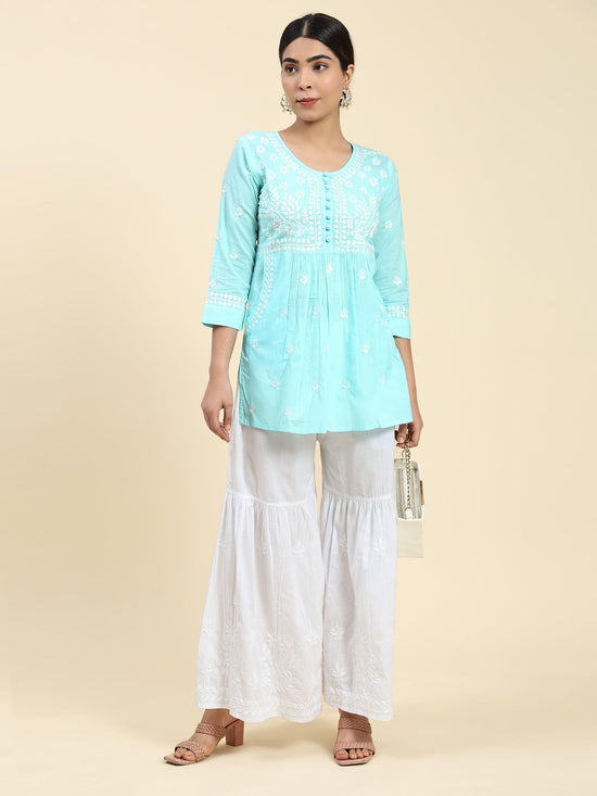 Samma Chikankari Short Kurta in Cotton for Women - Light Blue - House Of Kari (Chikankari Clothing)