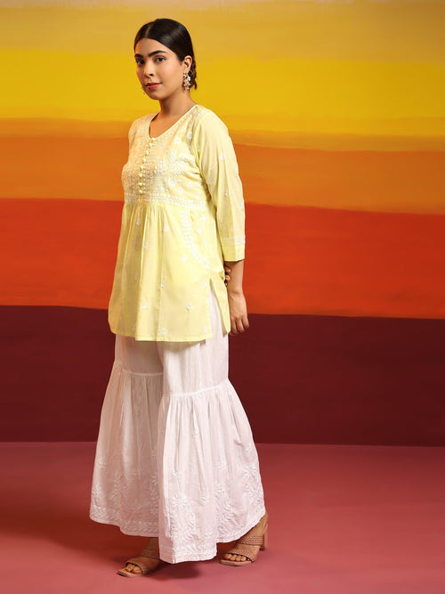 Samma Chikankari Short Kurta in Cotton for Women - Yellow - House Of Kari (Chikankari Clothing)