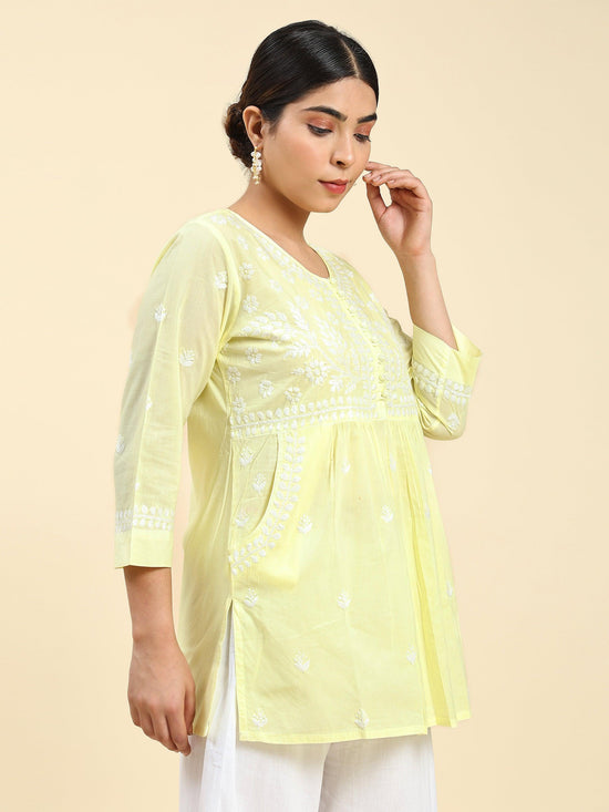 Load image into Gallery viewer, Samma Chikankari Short Kurta in Cotton for Women - Yellow - House Of Kari (Chikankari Clothing)
