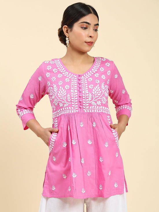 Samma Chikankari Short Kurta in Cotton for Women - Rani Pink - House Of Kari (Chikankari Clothing)