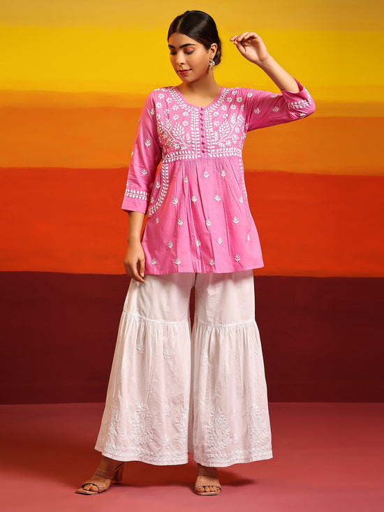 Samma Chikankari Short Kurta in Cotton for Women - Rani Pink - House Of Kari (Chikankari Clothing)