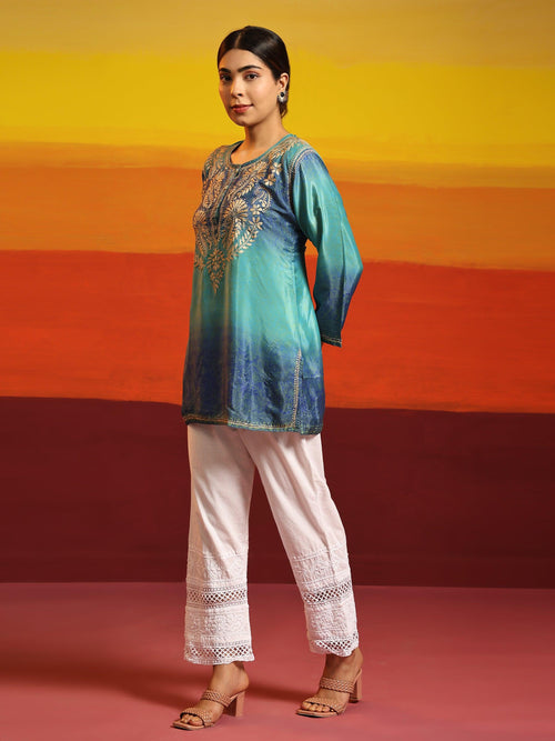 Samma Chikankari Short Tunic in Polysik for Women - MultiBlue - House Of Kari (Chikankari Clothing)