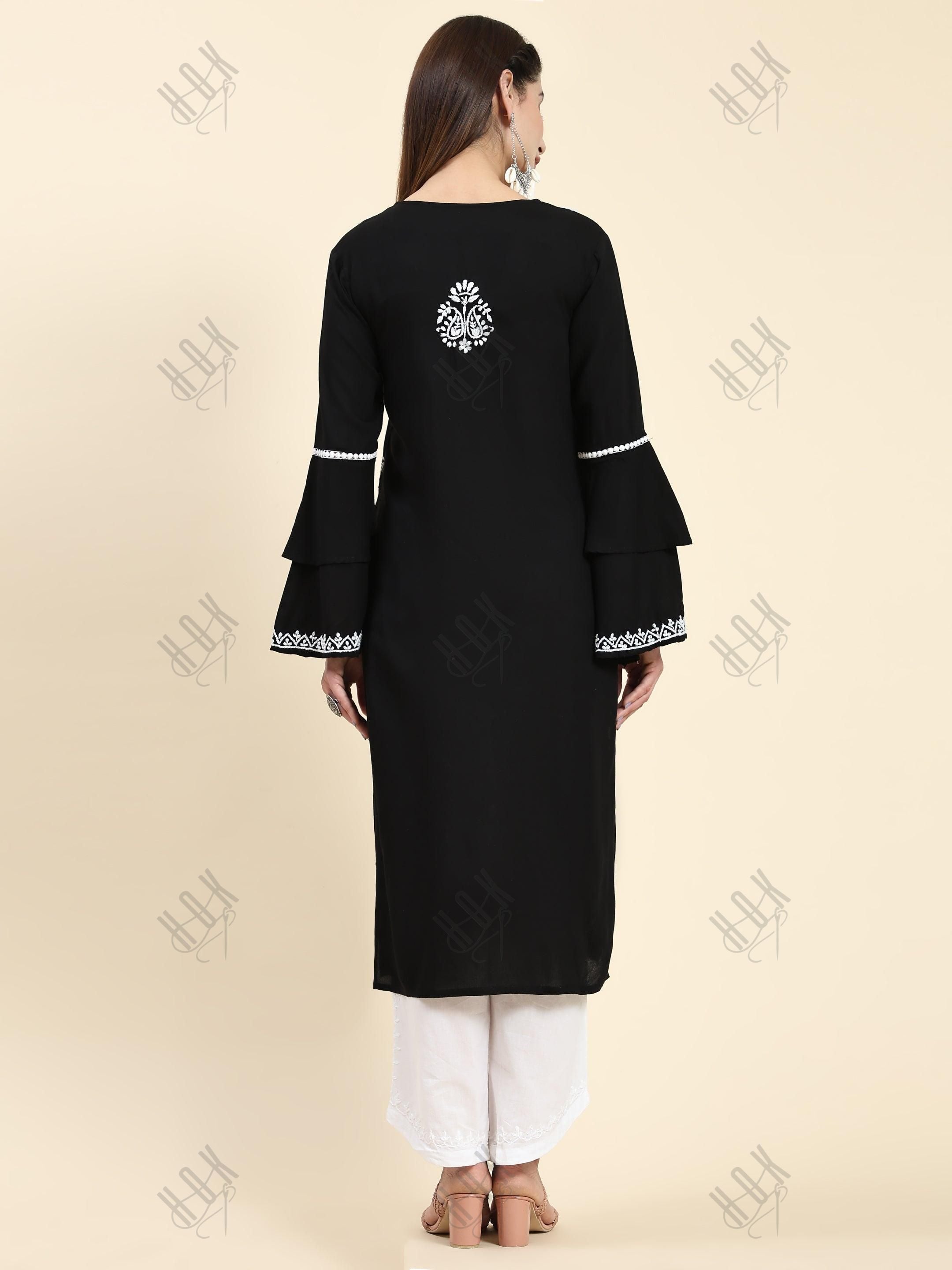 Muskan in Chikankari Long Kurta in Rayon Cotton for Women- Black With White - House Of Kari (Chikankari Clothing)