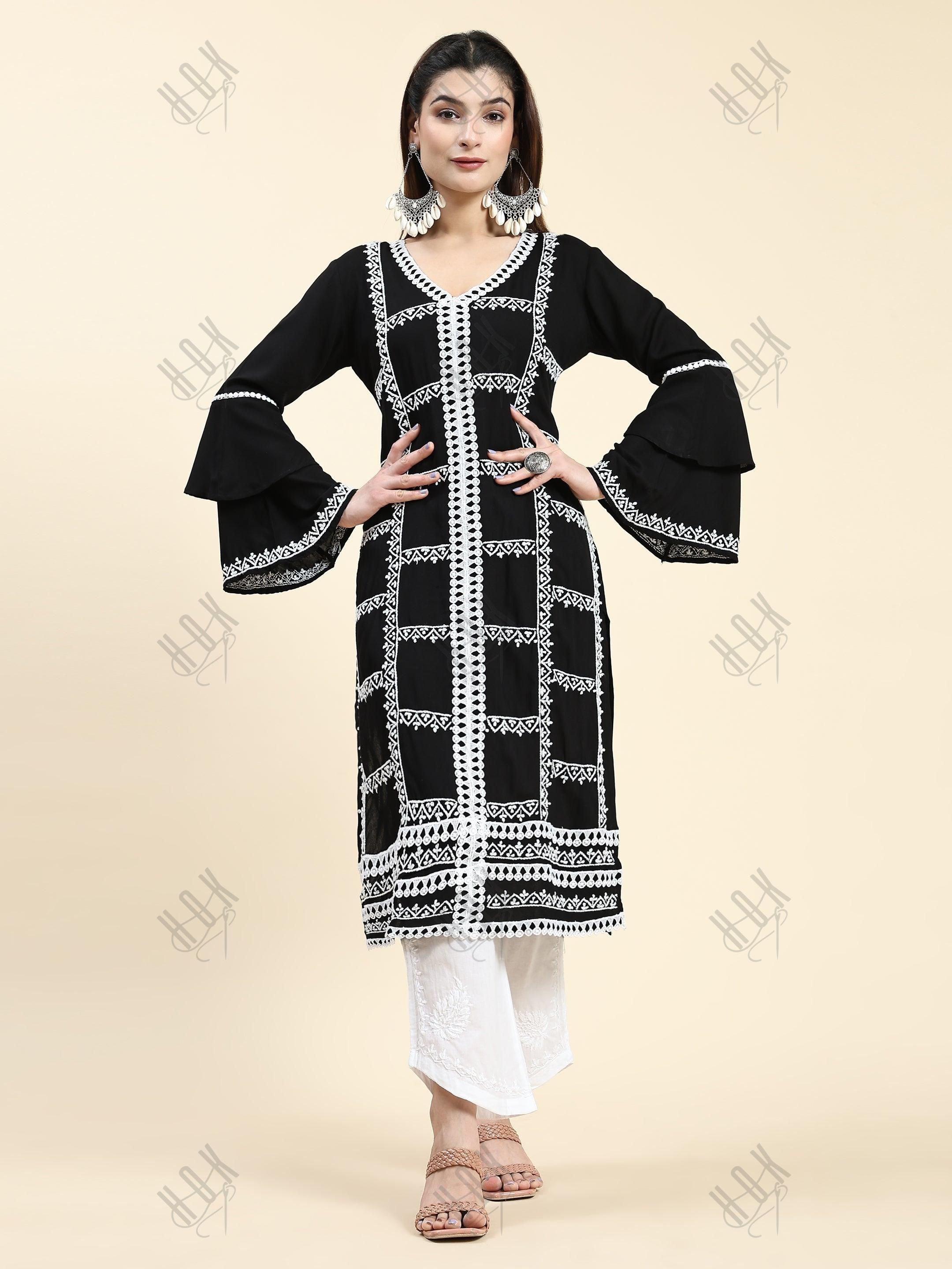 Muskan in Chikankari Long Kurta in Rayon Cotton for Women- Black With White - House Of Kari (Chikankari Clothing)