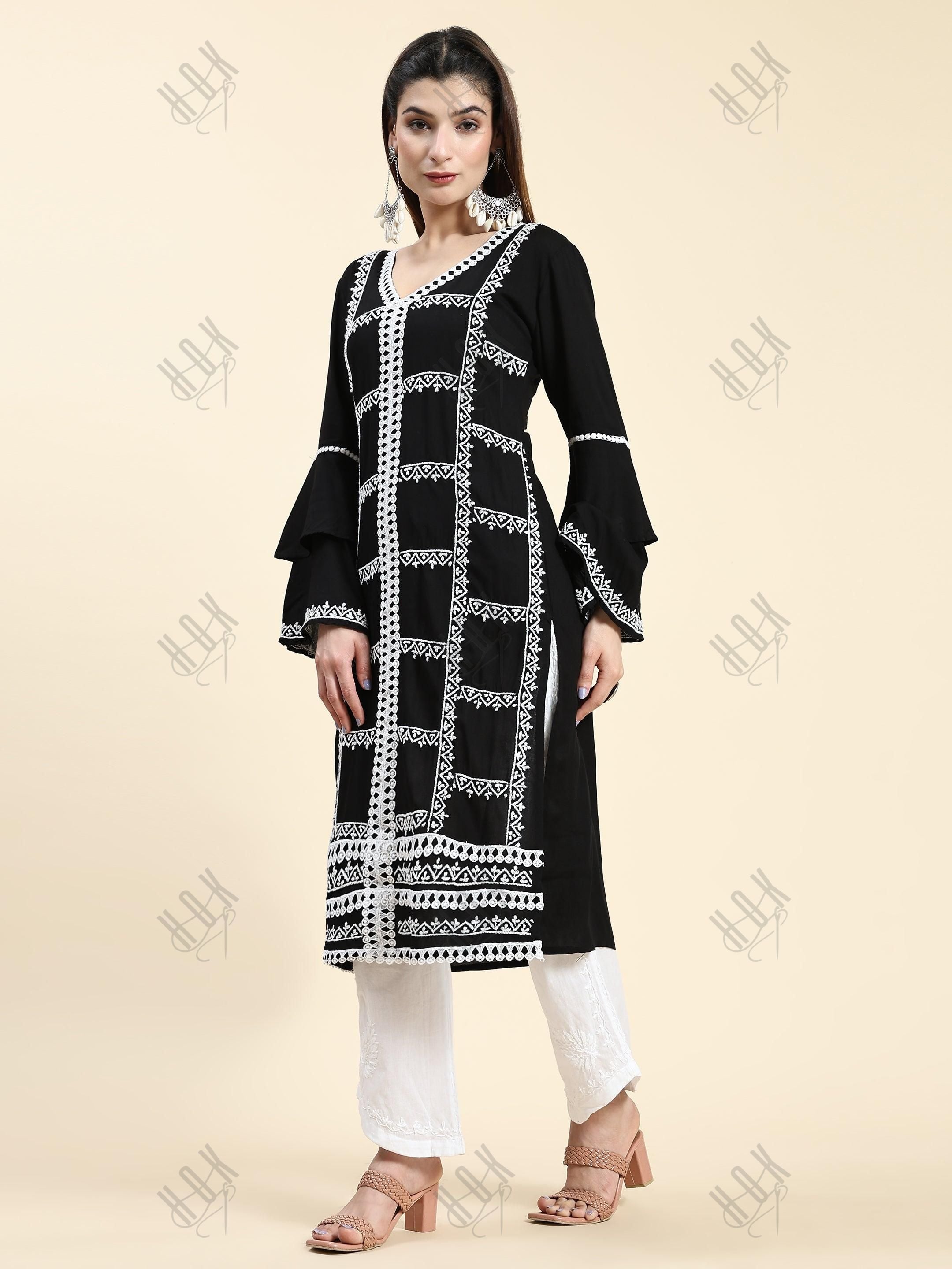 Muskan in Chikankari Long Kurta in Rayon Cotton for Women- Black With White - House Of Kari (Chikankari Clothing)