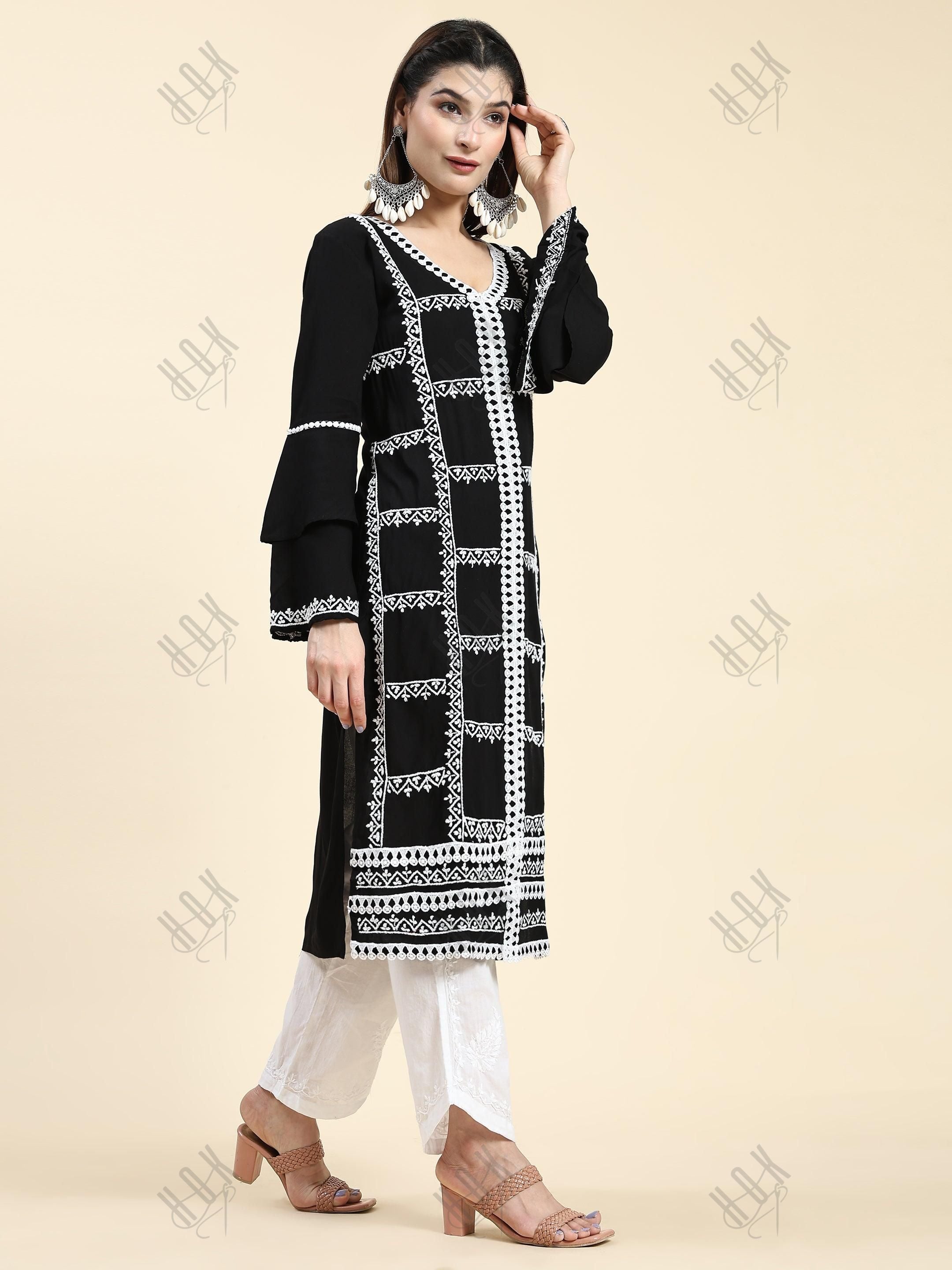 Muskan in Chikankari Long Kurta in Rayon Cotton for Women- Black With White - House Of Kari (Chikankari Clothing)