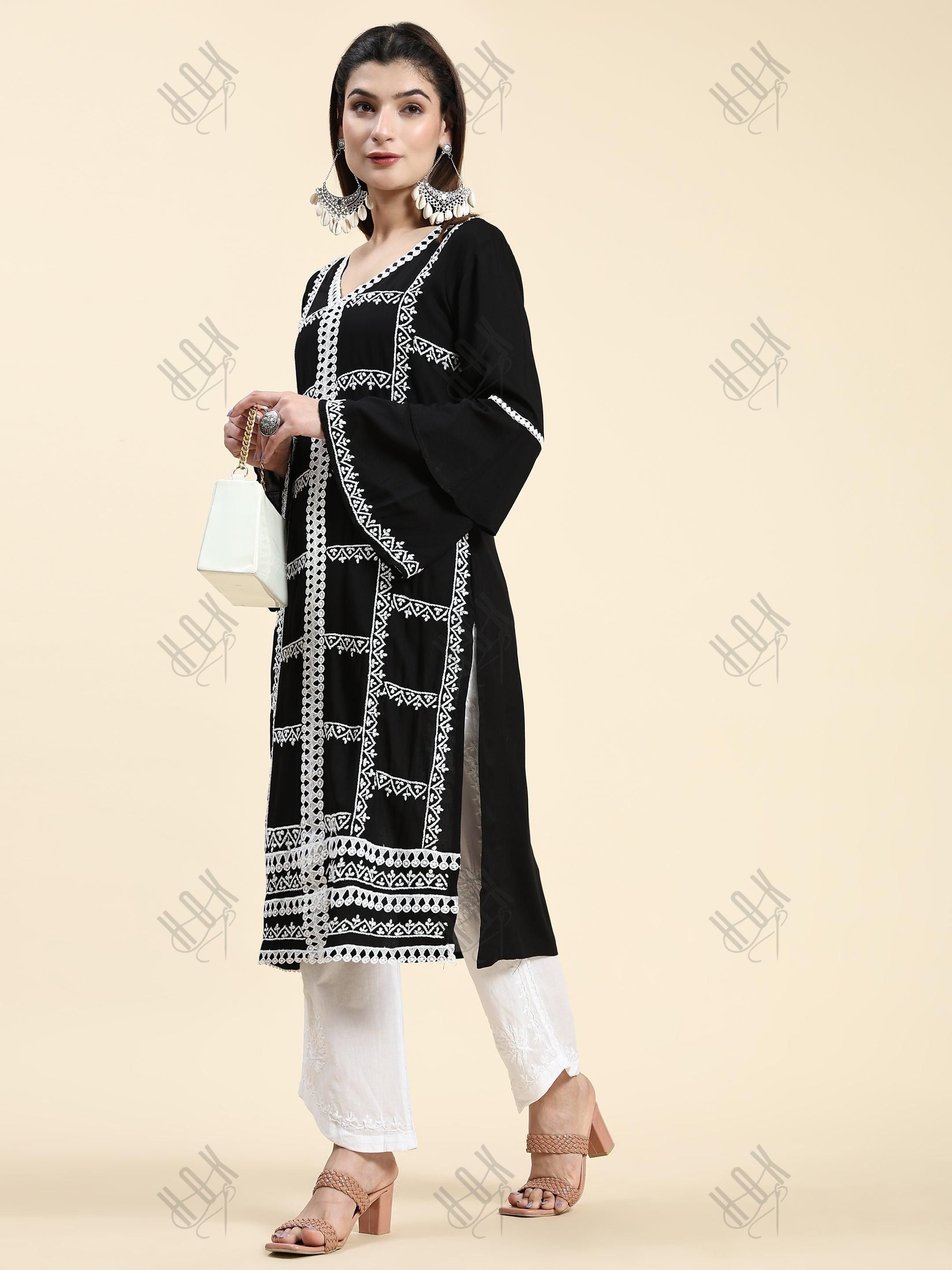 Muskan in Chikankari Long Kurta in Rayon Cotton for Women- Black With White - House Of Kari (Chikankari Clothing)