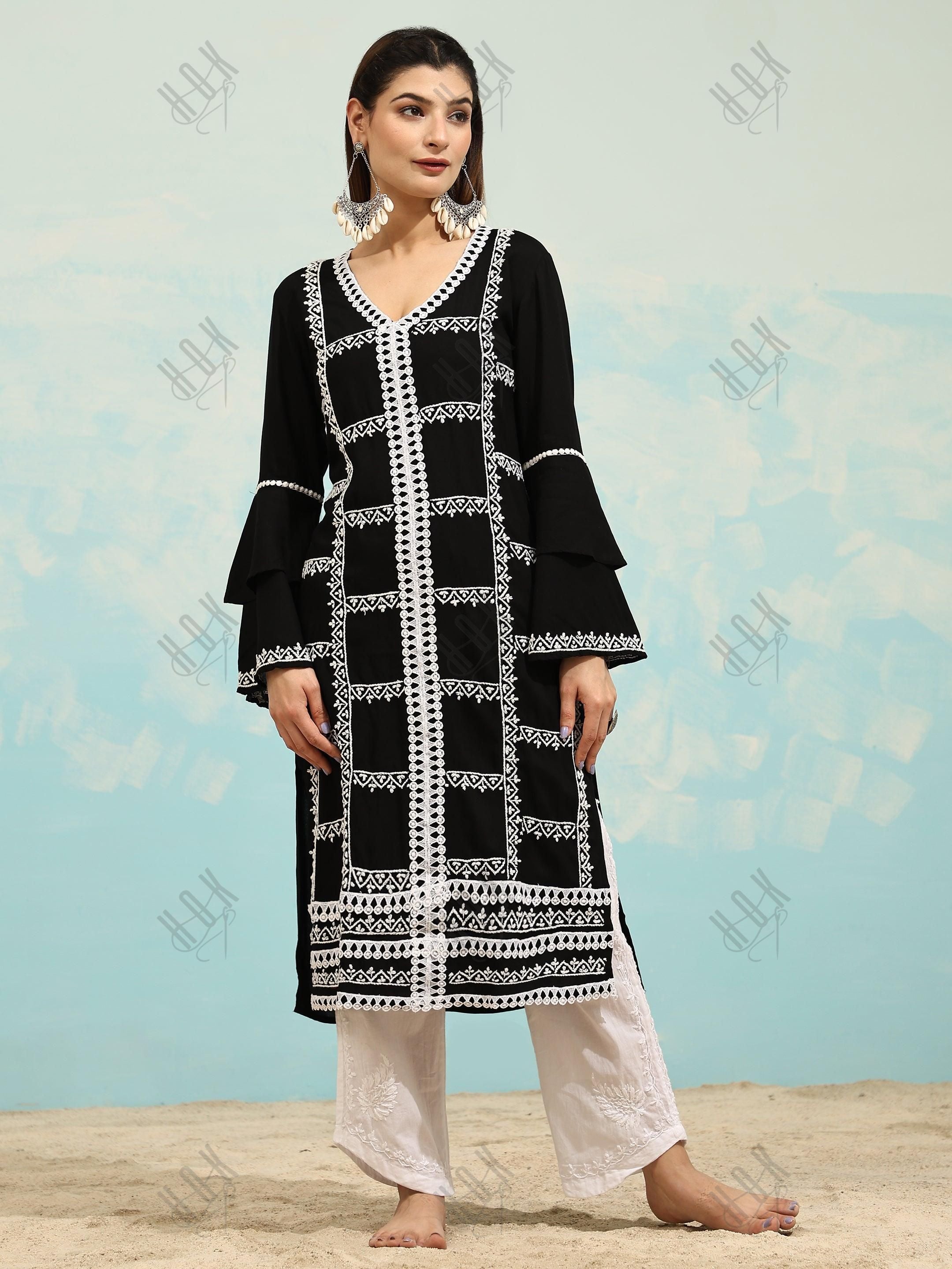 Muskan in Chikankari Long Kurta in Rayon Cotton for Women- Black With White - House Of Kari (Chikankari Clothing)