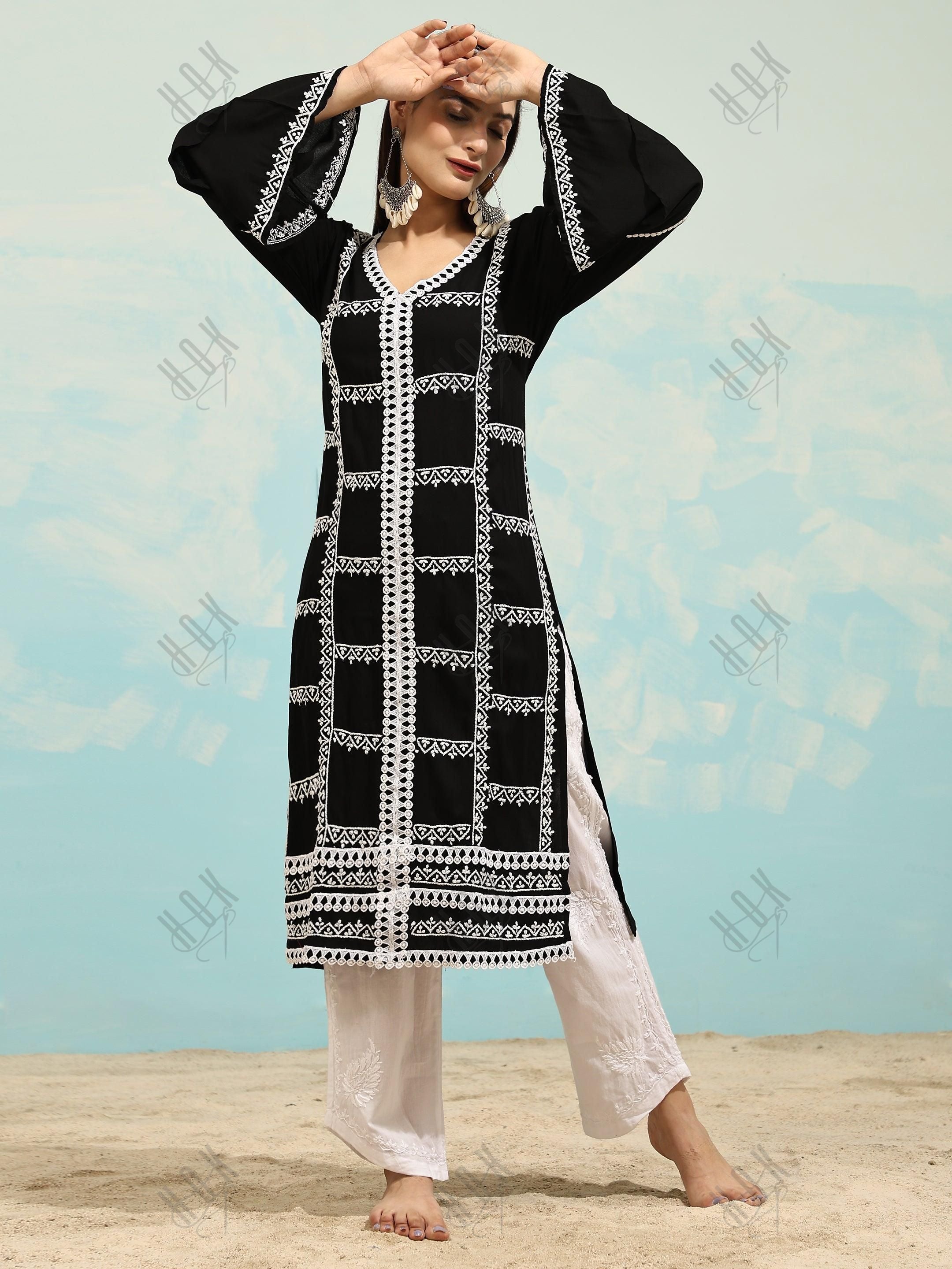 Muskan in Chikankari Long Kurta in Rayon Cotton for Women- Black With White - House Of Kari (Chikankari Clothing)