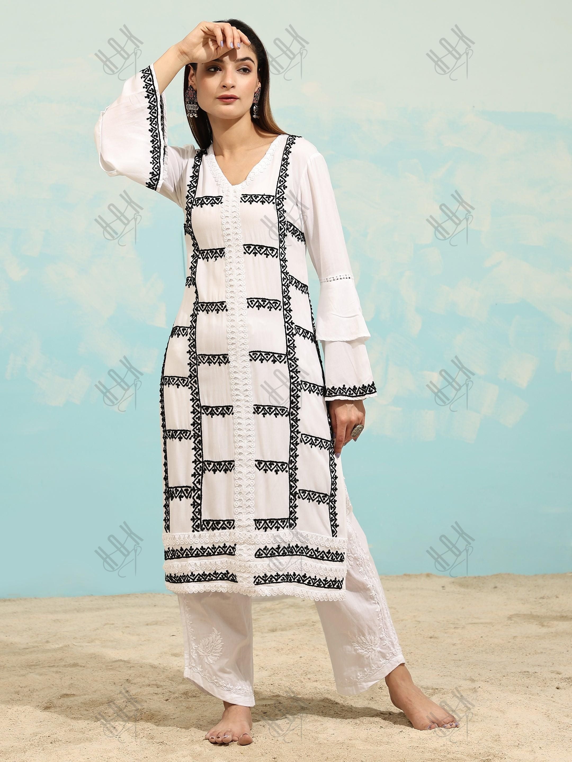 Simran in Samma Chikankari Long Kurta in Rayon Cotton for Women- White With Black - House Of Kari (Chikankari Clothing)