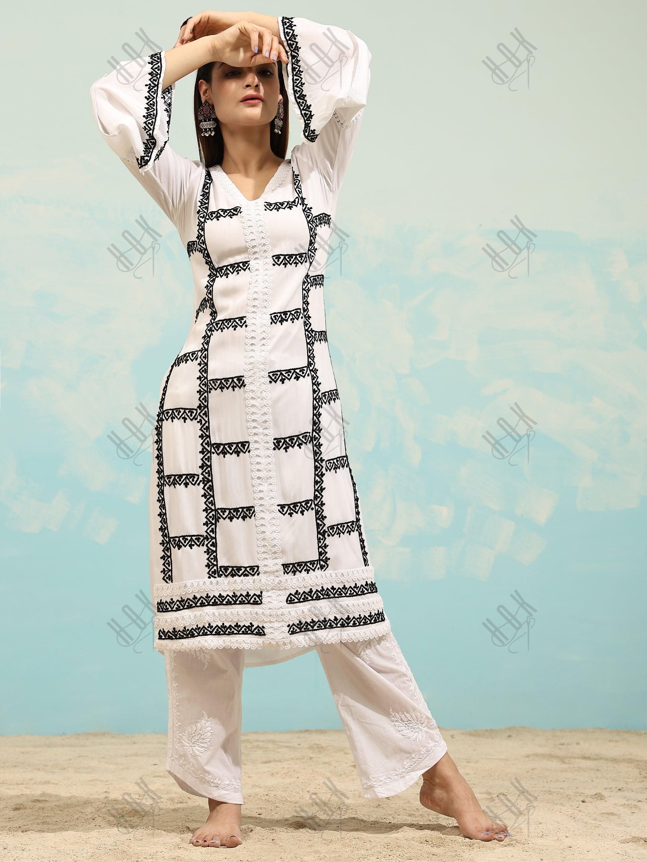 Simran in Samma Chikankari Long Kurta in Rayon Cotton for Women- White With Black - House Of Kari (Chikankari Clothing)