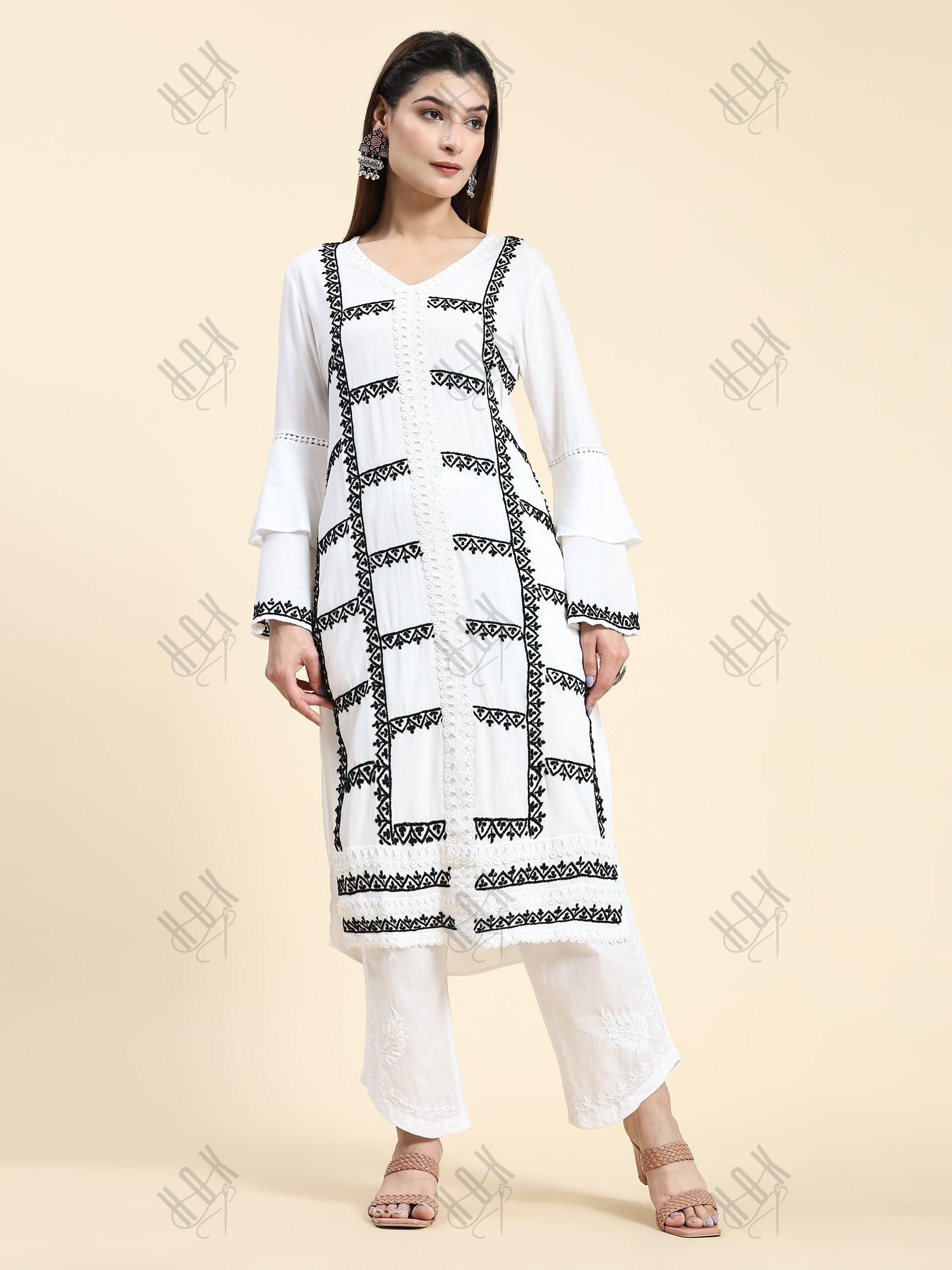 Simran in Samma Chikankari Long Kurta in Rayon Cotton for Women- White With Black - House Of Kari (Chikankari Clothing)