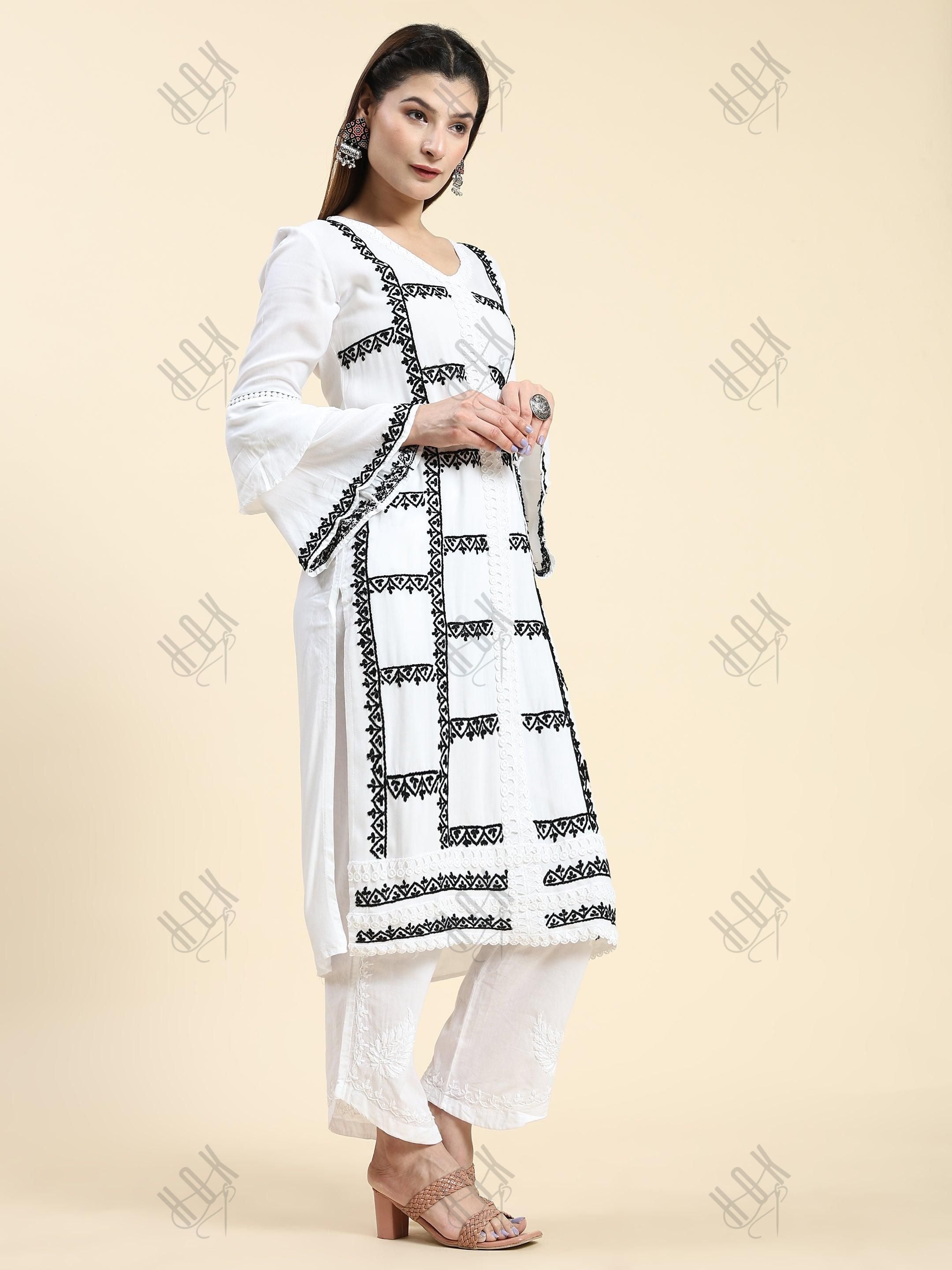 Simran in Samma Chikankari Long Kurta in Rayon Cotton for Women- White With Black - House Of Kari (Chikankari Clothing)