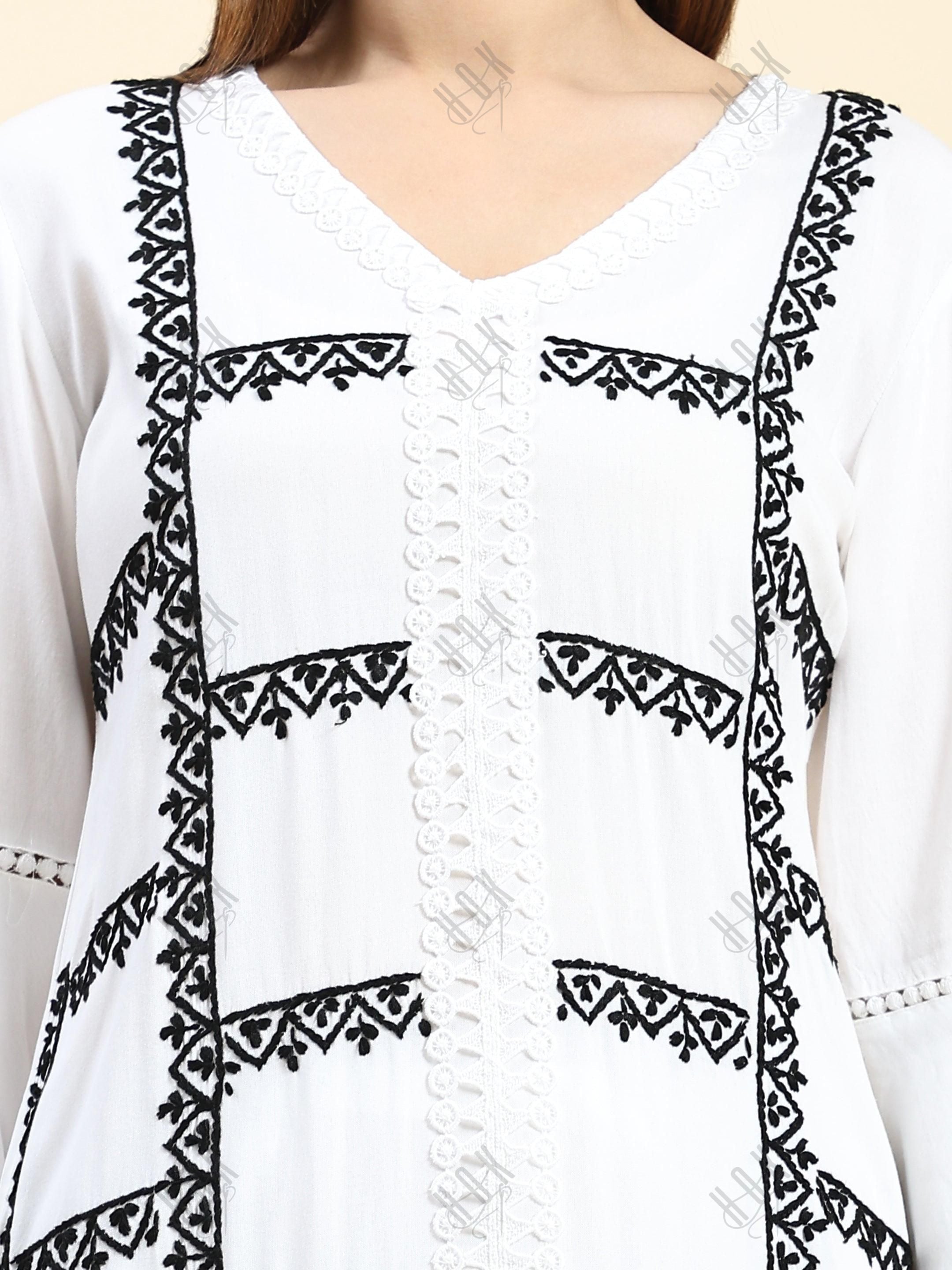 Simran in Samma Chikankari Long Kurta in Rayon Cotton for Women- White With Black - House Of Kari (Chikankari Clothing)