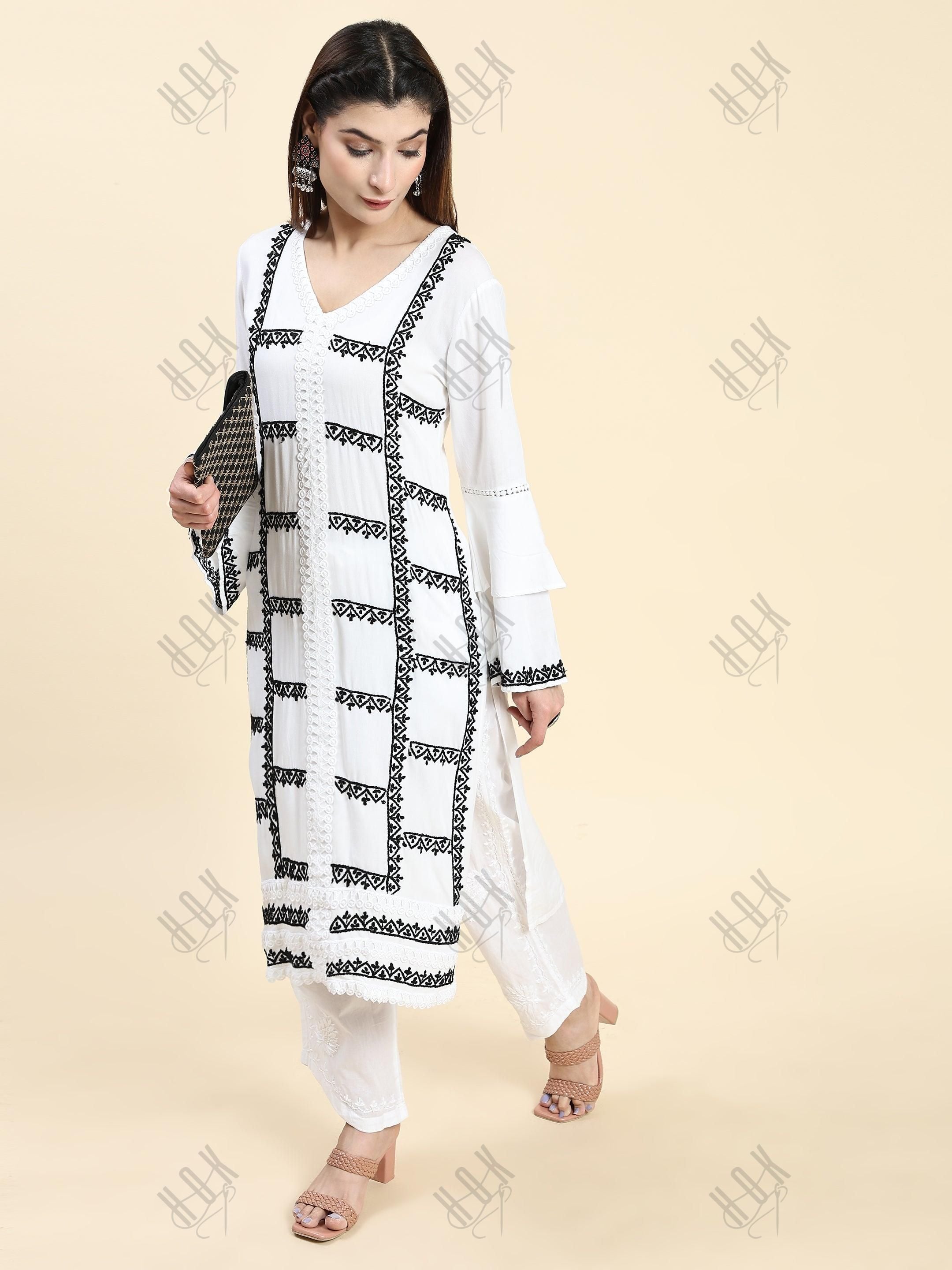 Simran in Samma Chikankari Long Kurta in Rayon Cotton for Women- White With Black - House Of Kari (Chikankari Clothing)