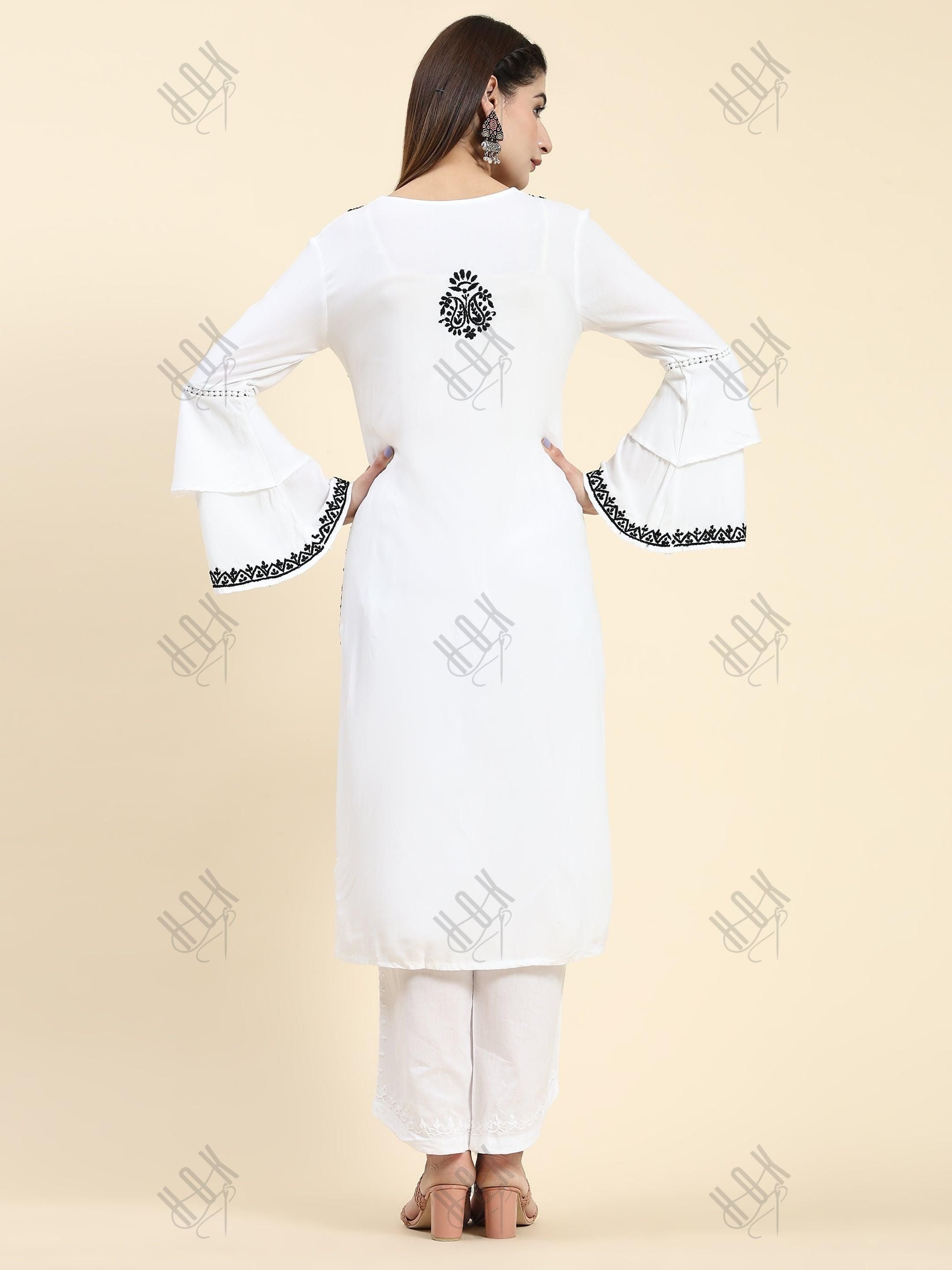 Simran in Samma Chikankari Long Kurta in Rayon Cotton for Women- White With Black - House Of Kari (Chikankari Clothing)