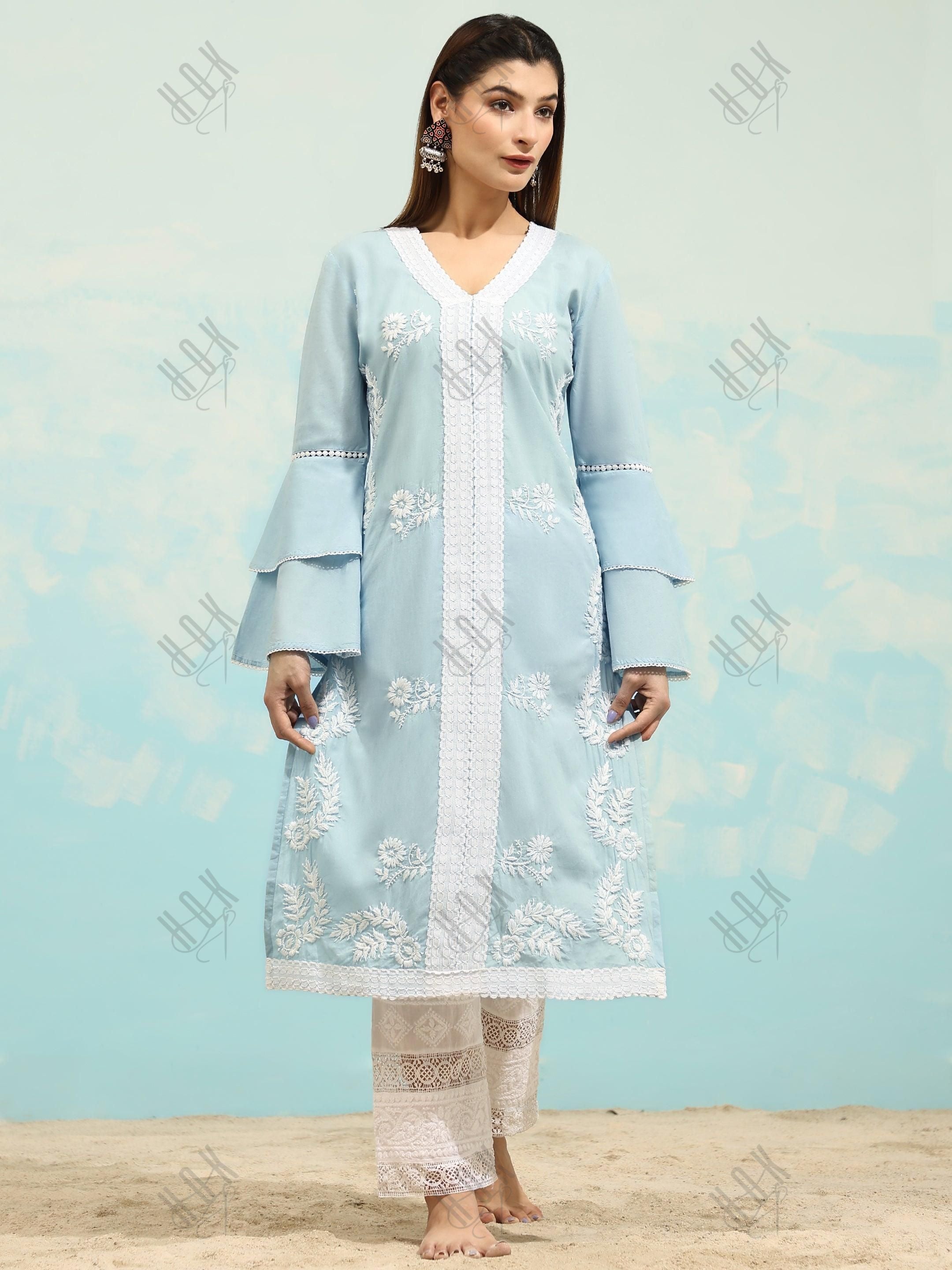 Akshita in Chikankari Long Kurti In Cotton for Women- Sky Blue - House Of Kari (Chikankari Clothing)