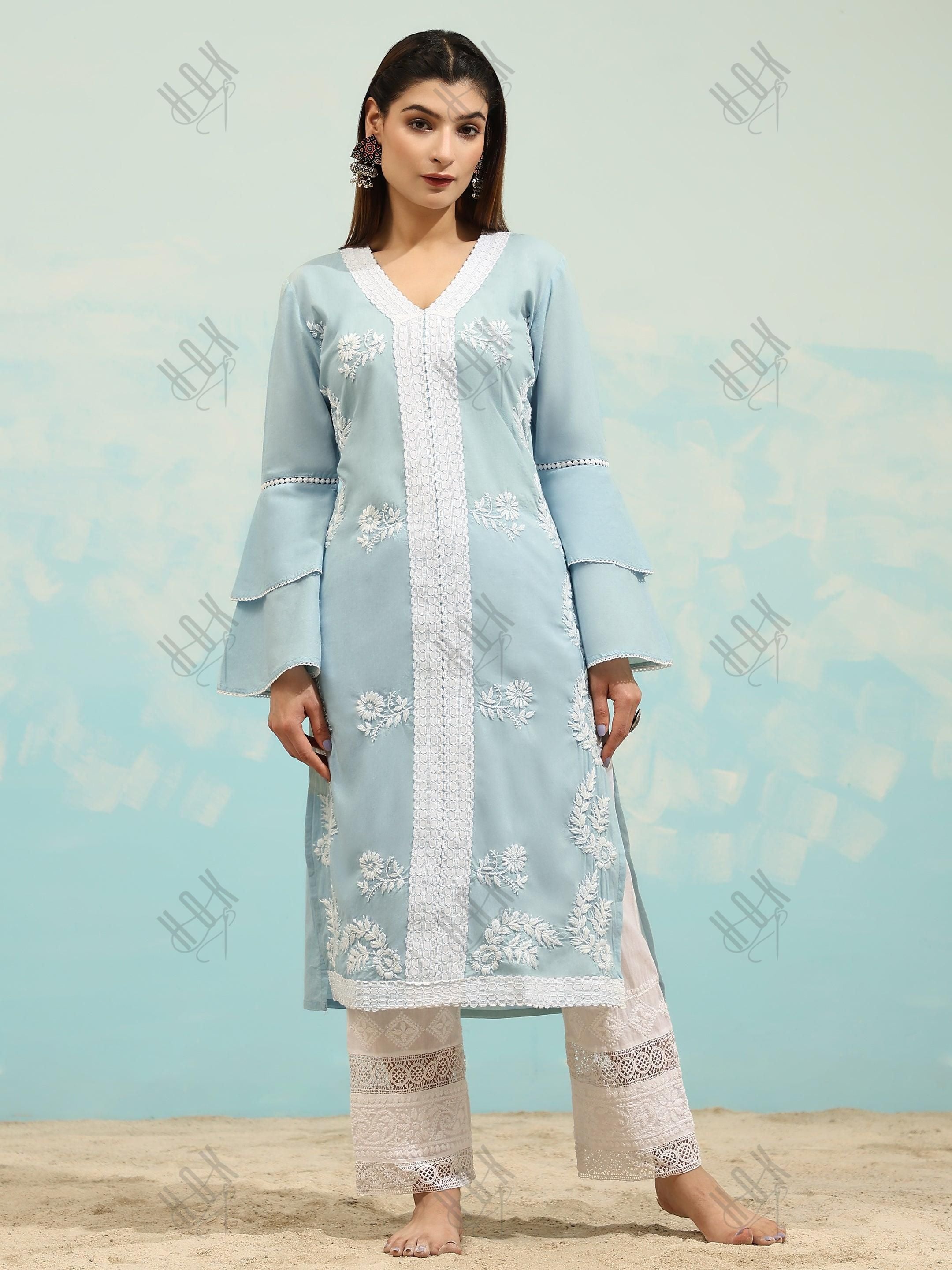 Akshita in Chikankari Long Kurti In Cotton for Women- Sky Blue - House Of Kari (Chikankari Clothing)