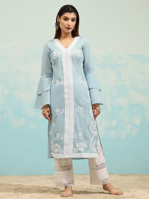 Load image into Gallery viewer, Akshita in Chikankari Long Kurti In Cotton for Women- Sky Blue - House Of Kari (Chikankari Clothing)
