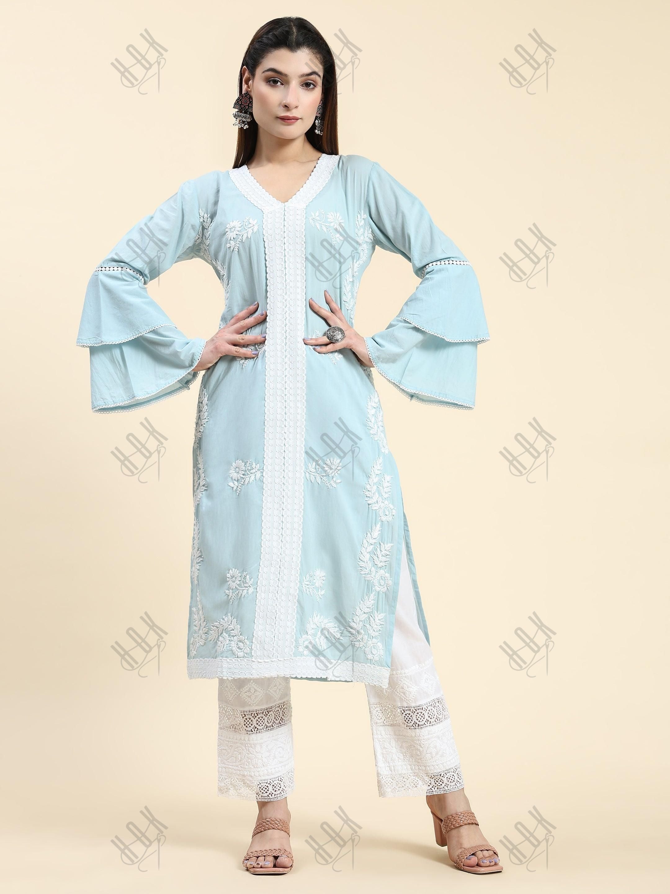 Akshita in Chikankari Long Kurti In Cotton for Women- Sky Blue - House Of Kari (Chikankari Clothing)