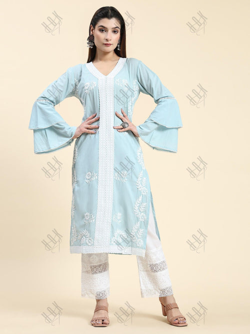 Akshita in Chikankari Long Kurti In Cotton for Women- Sky Blue - House Of Kari (Chikankari Clothing)