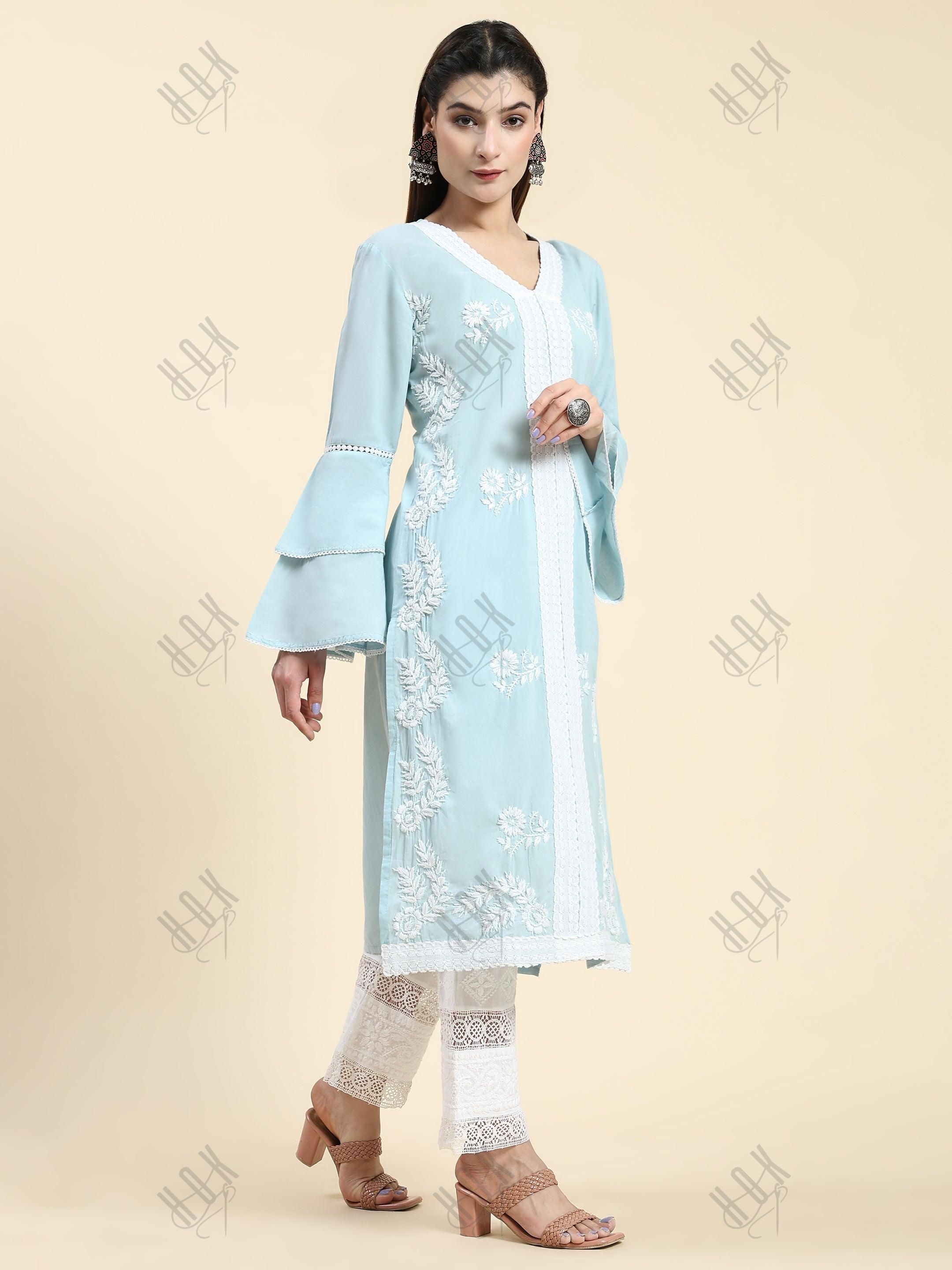 Akshita in Chikankari Long Kurti In Cotton for Women- Sky Blue - House Of Kari (Chikankari Clothing)