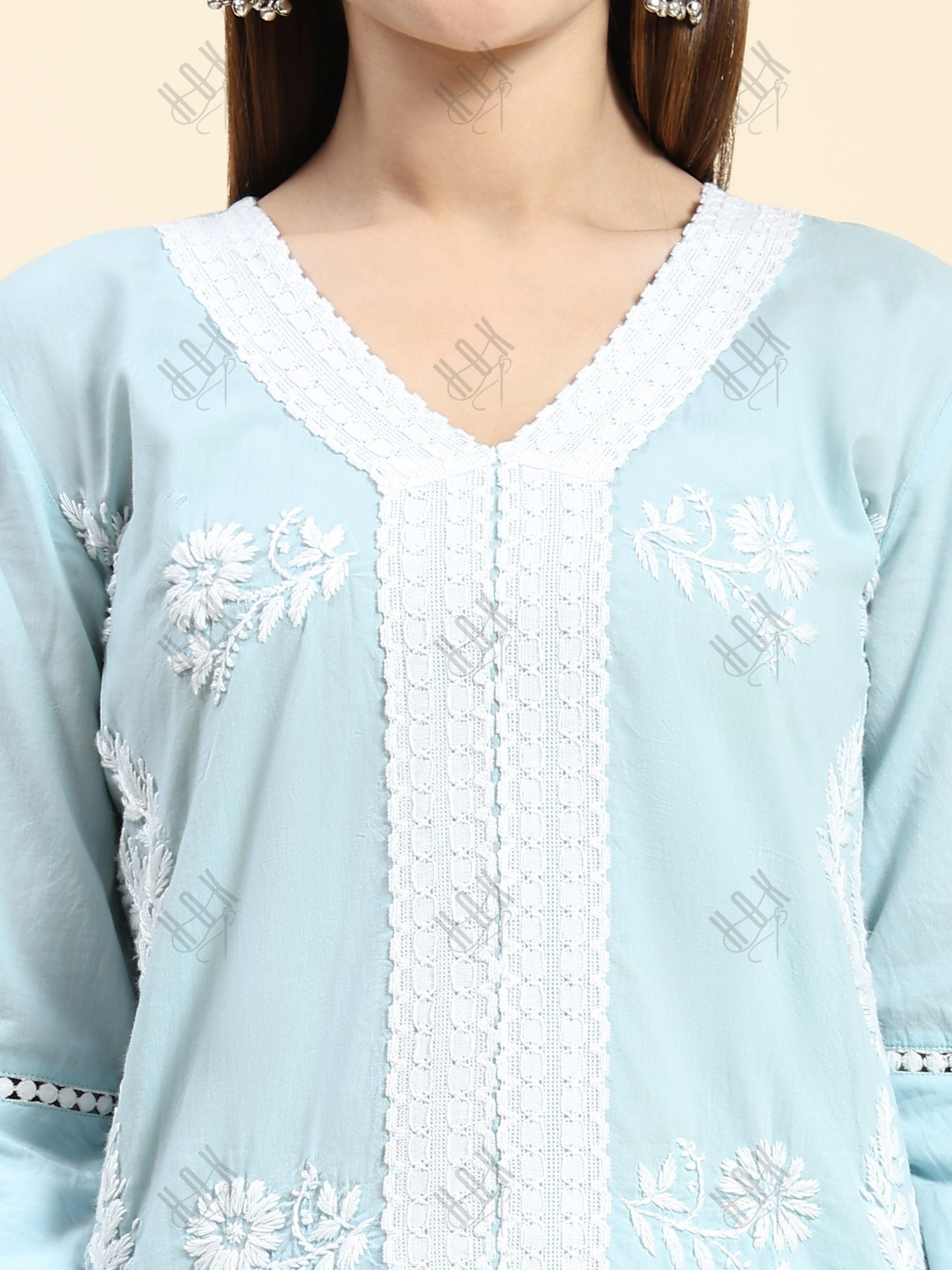 Akshita in Chikankari Long Kurti In Cotton for Women- Sky Blue - House Of Kari (Chikankari Clothing)