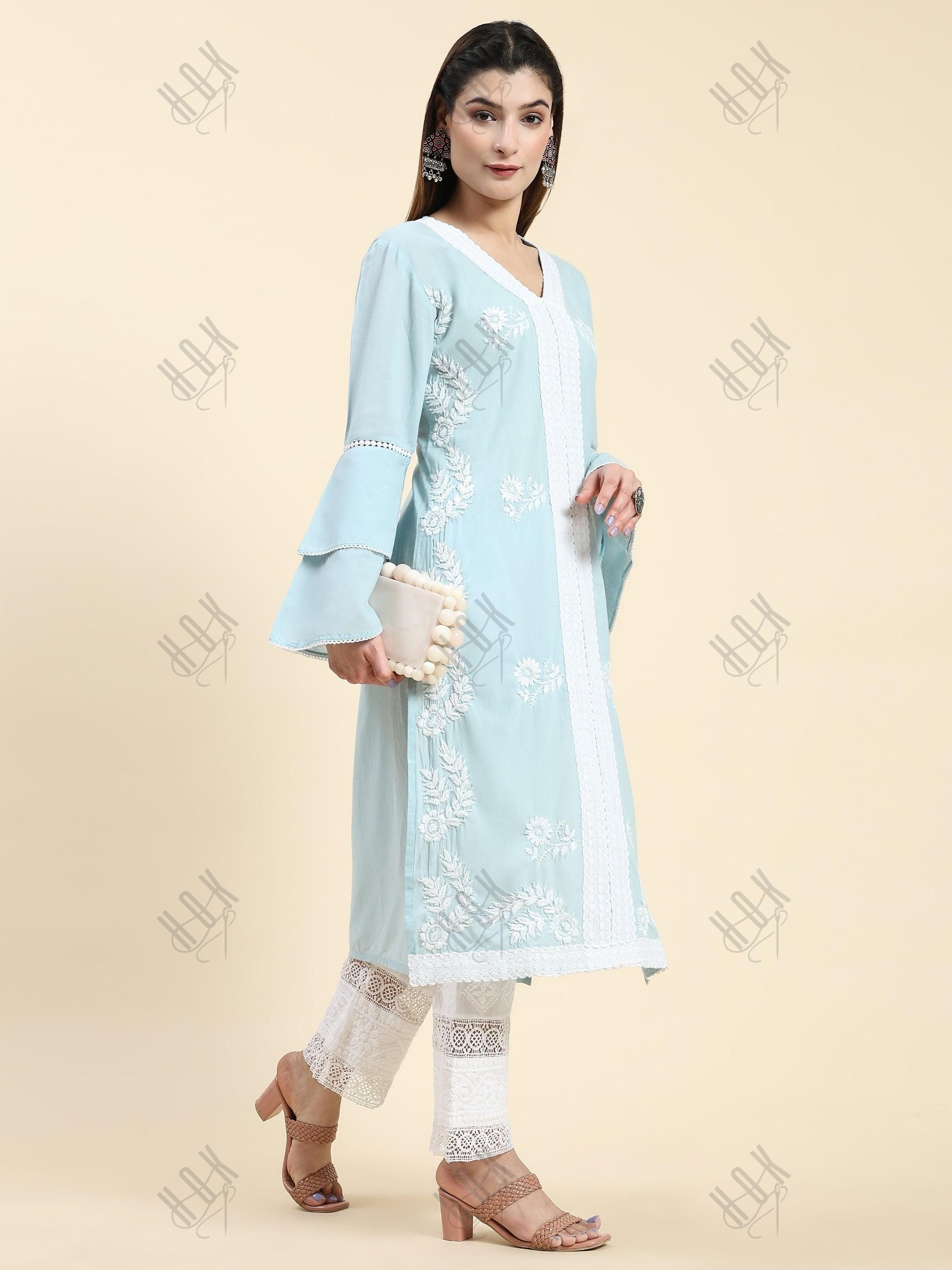 Akshita in Chikankari Long Kurti In Cotton for Women- Sky Blue - House Of Kari (Chikankari Clothing)