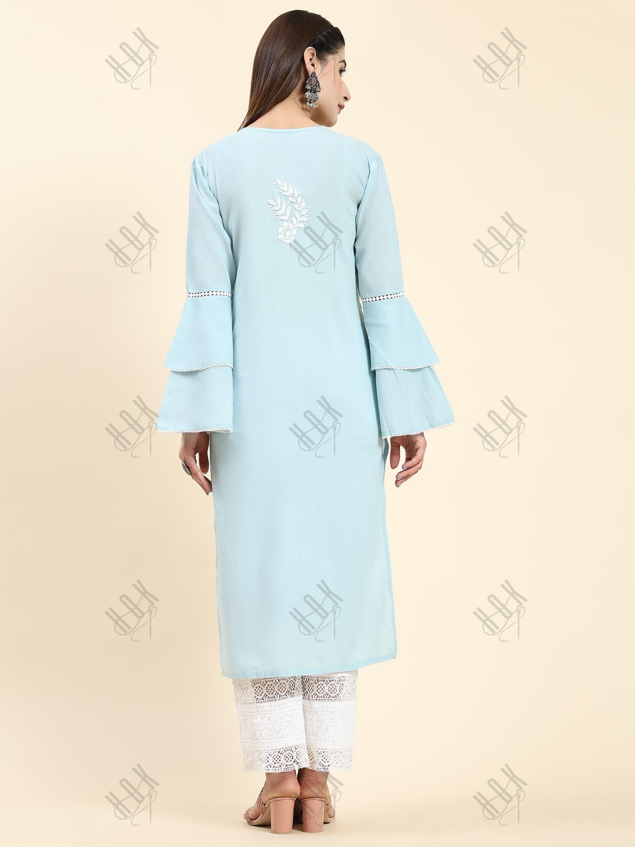 Akshita in Chikankari Long Kurti In Cotton for Women- Sky Blue - House Of Kari (Chikankari Clothing)