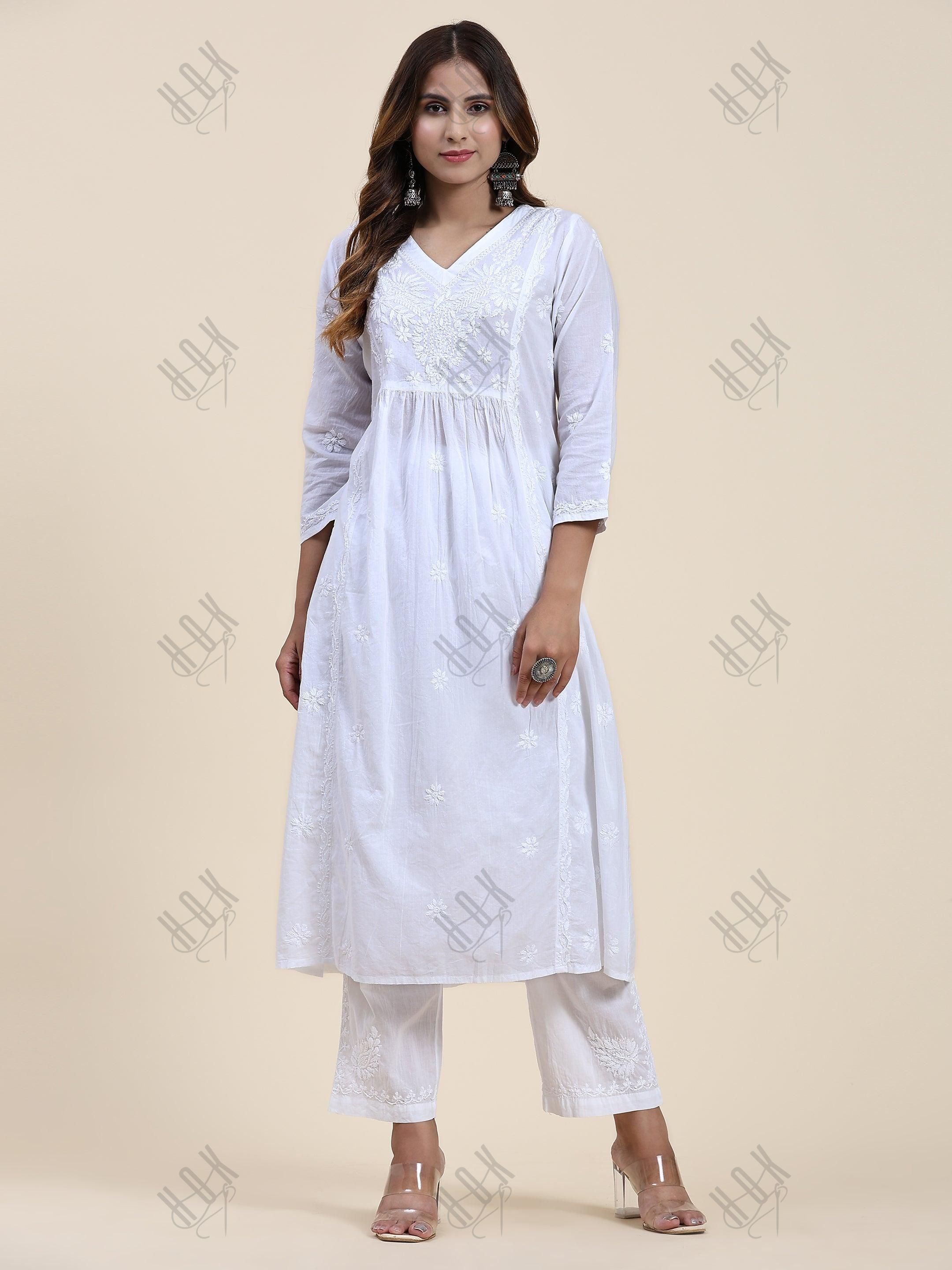 Samma Chikankari Long Kurta V-Neck Cotton for Women- White - House Of Kari (Chikankari Clothing)