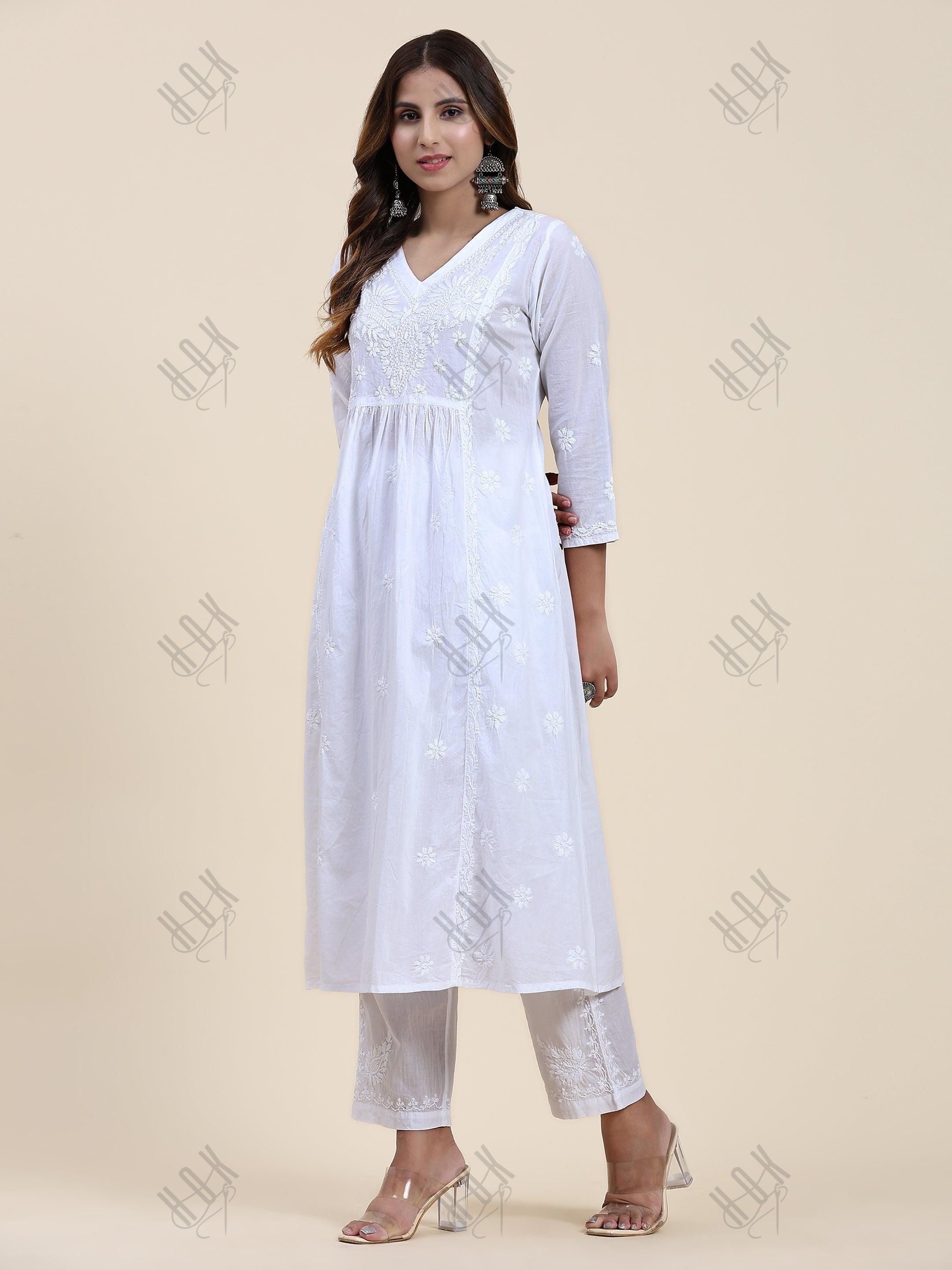 Samma Chikankari Long Kurta V-Neck Cotton for Women- White - House Of Kari (Chikankari Clothing)