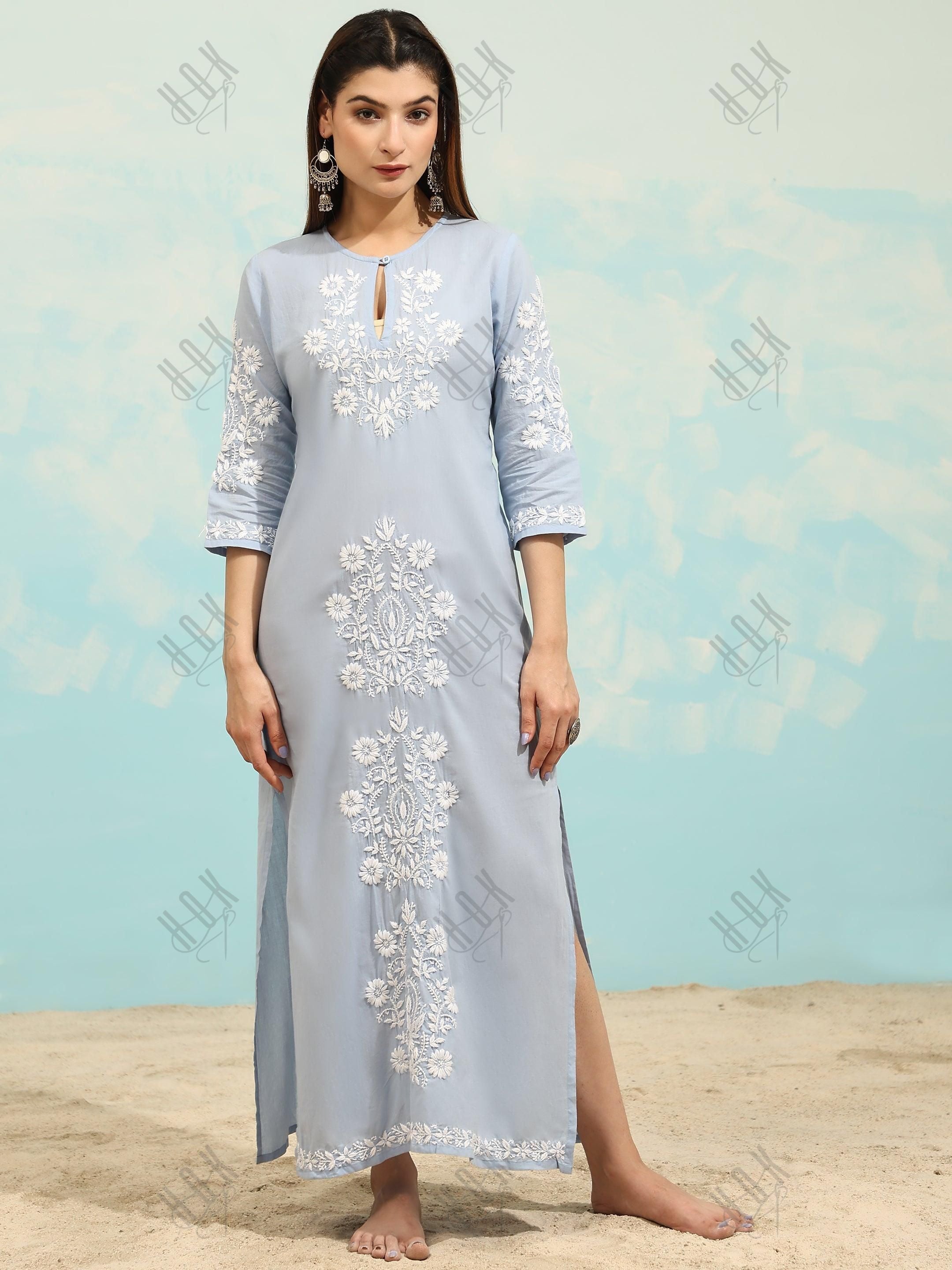 Mehak Bakshi in Chikankari Long Kurti In Cotton for Women- Blue with White - House Of Kari (Chikankari Clothing)