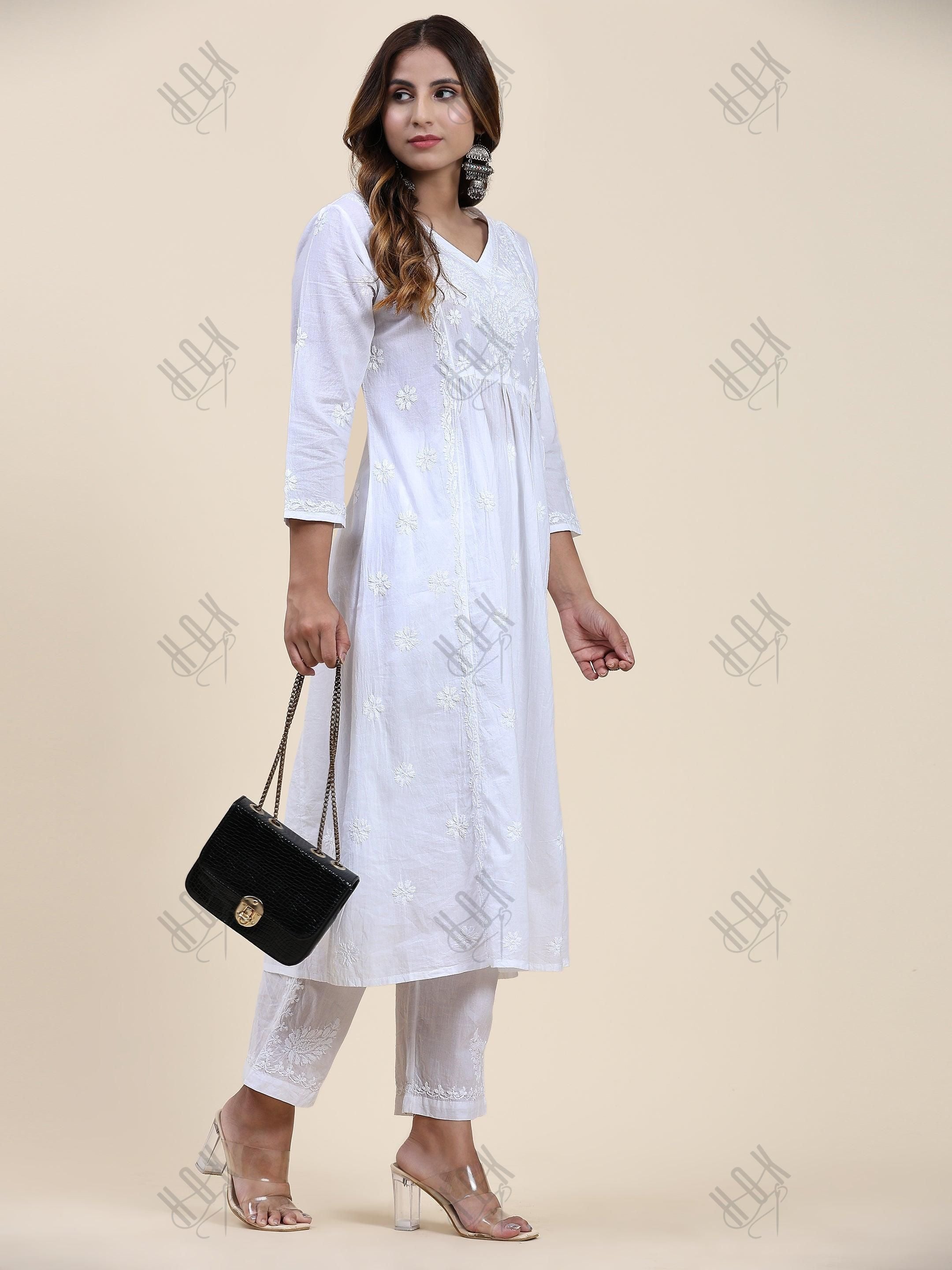 Samma Chikankari Long Kurta V-Neck Cotton for Women- White - House Of Kari (Chikankari Clothing)