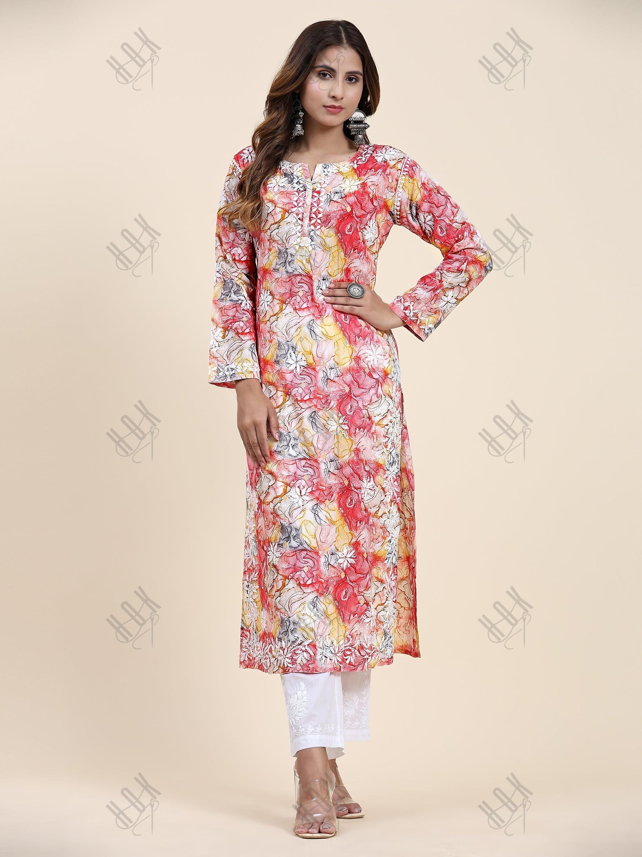 Samma Chikankari Long Kurta in Mul Cotton for Women- Light Pink Floral - House Of Kari (Chikankari Clothing)