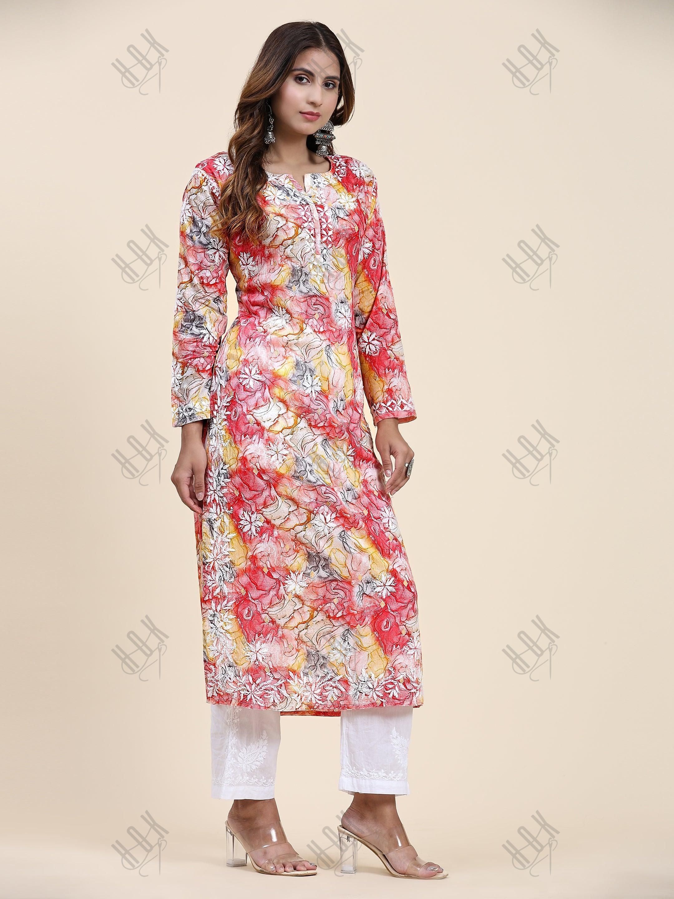 Samma Chikankari Long Kurta in Mul Cotton for Women- Light Pink Floral - House Of Kari (Chikankari Clothing)