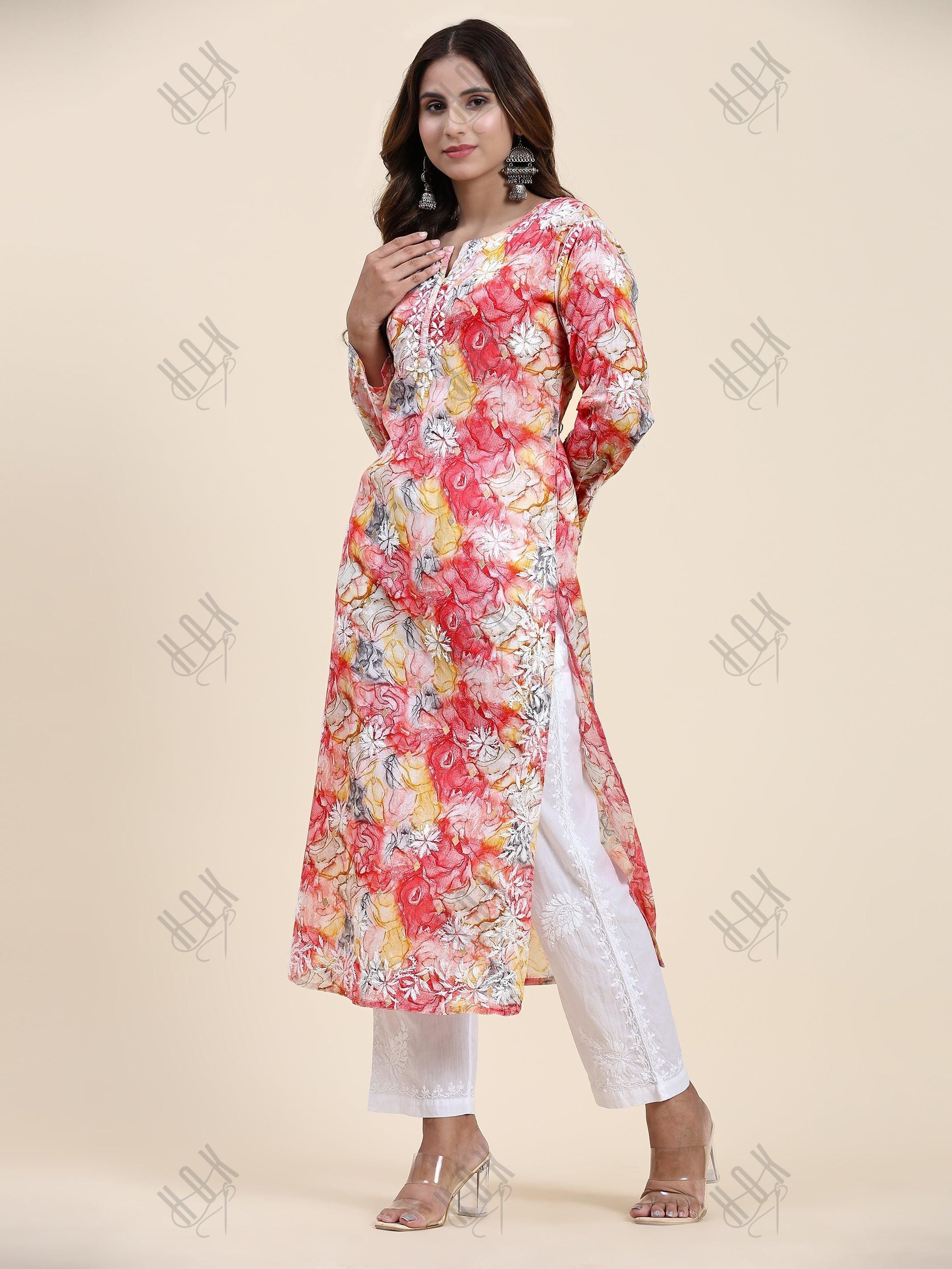 Samma Chikankari Long Kurta in Mul Cotton for Women- Light Pink Floral - House Of Kari (Chikankari Clothing)