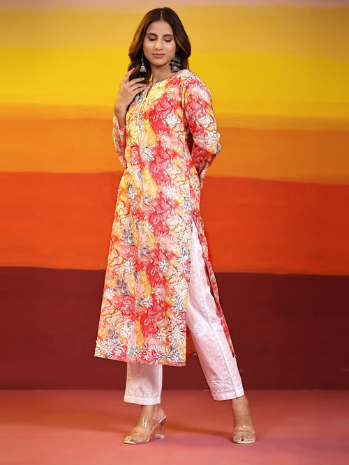 Samma Chikankari Long Kurta in Mul Cotton for Women- Light Pink Floral - House Of Kari (Chikankari Clothing)
