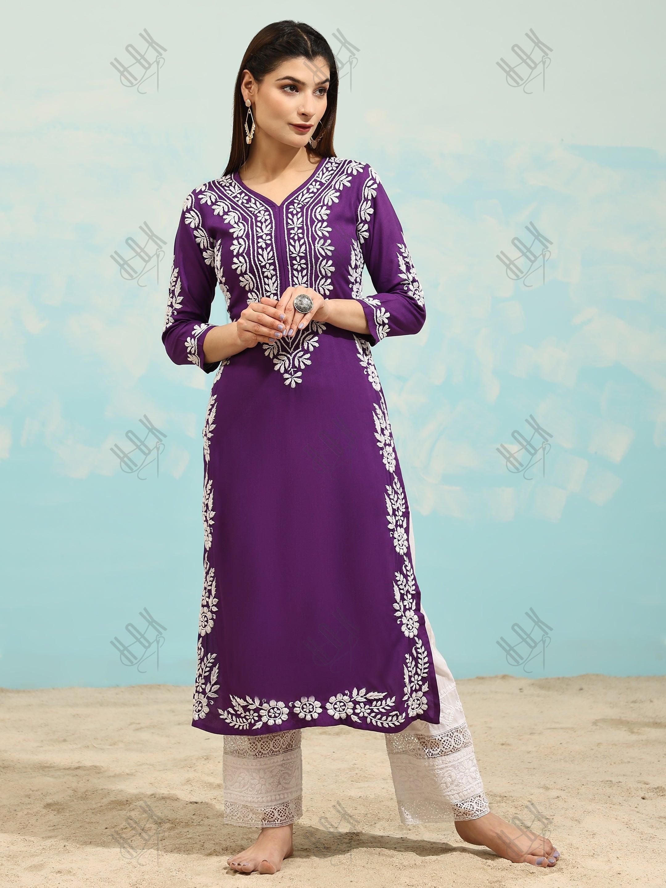 Tanika in Chikankari Long Kurta in Rayon Cotton for Women- Purple - House Of Kari (Chikankari Clothing)