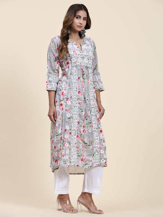 Urmi in Fizaa Chikankari Long Kurta in Muslin Cotton for Women- Grey Print - House Of Kari (Chikankari Clothing)