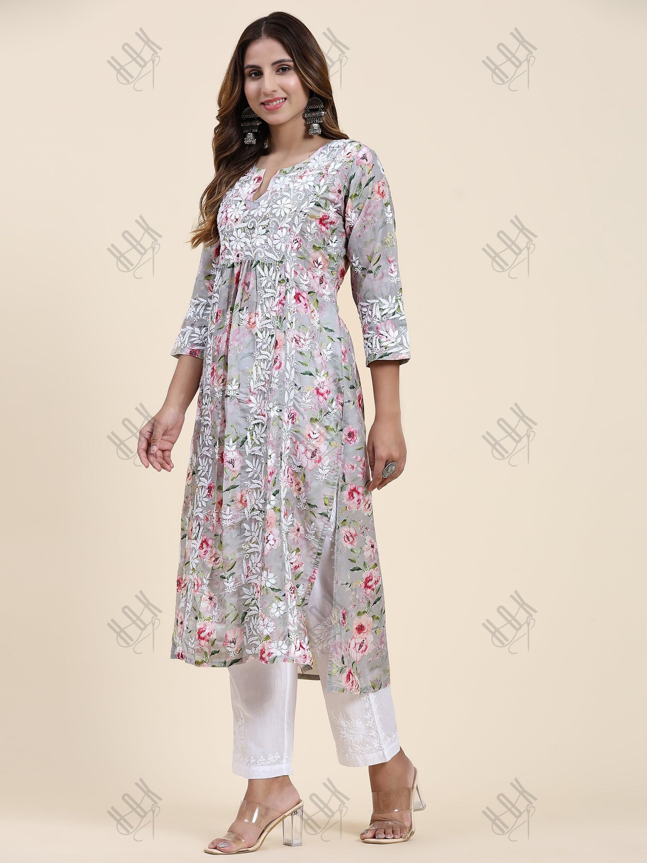 Fizaa Chikankari Long Kurta in Muslin Cotton for Women- Grey Print - House Of Kari (Chikankari Clothing)