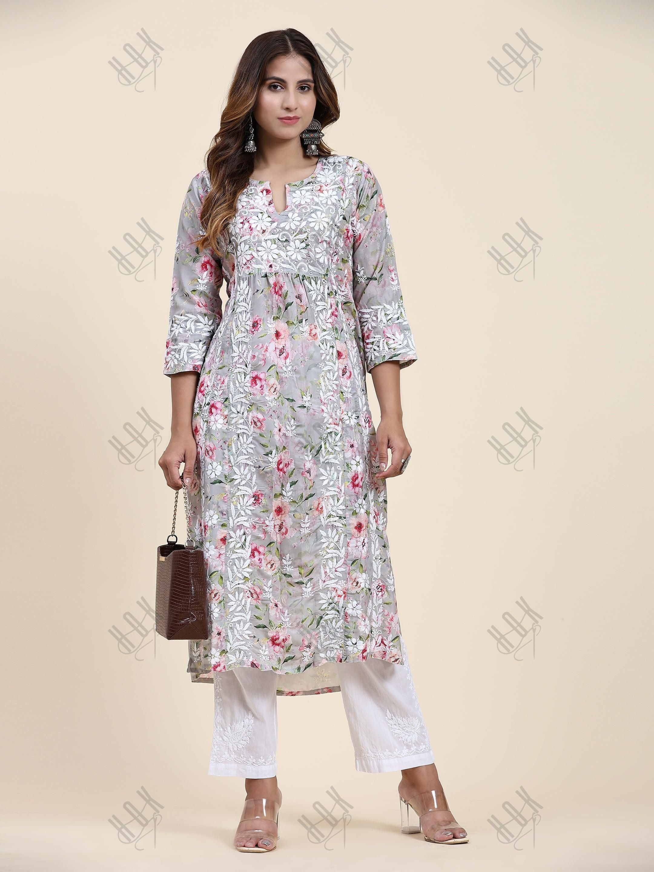 Fizaa Chikankari Long Kurta in Muslin Cotton for Women- Grey Print - House Of Kari (Chikankari Clothing)