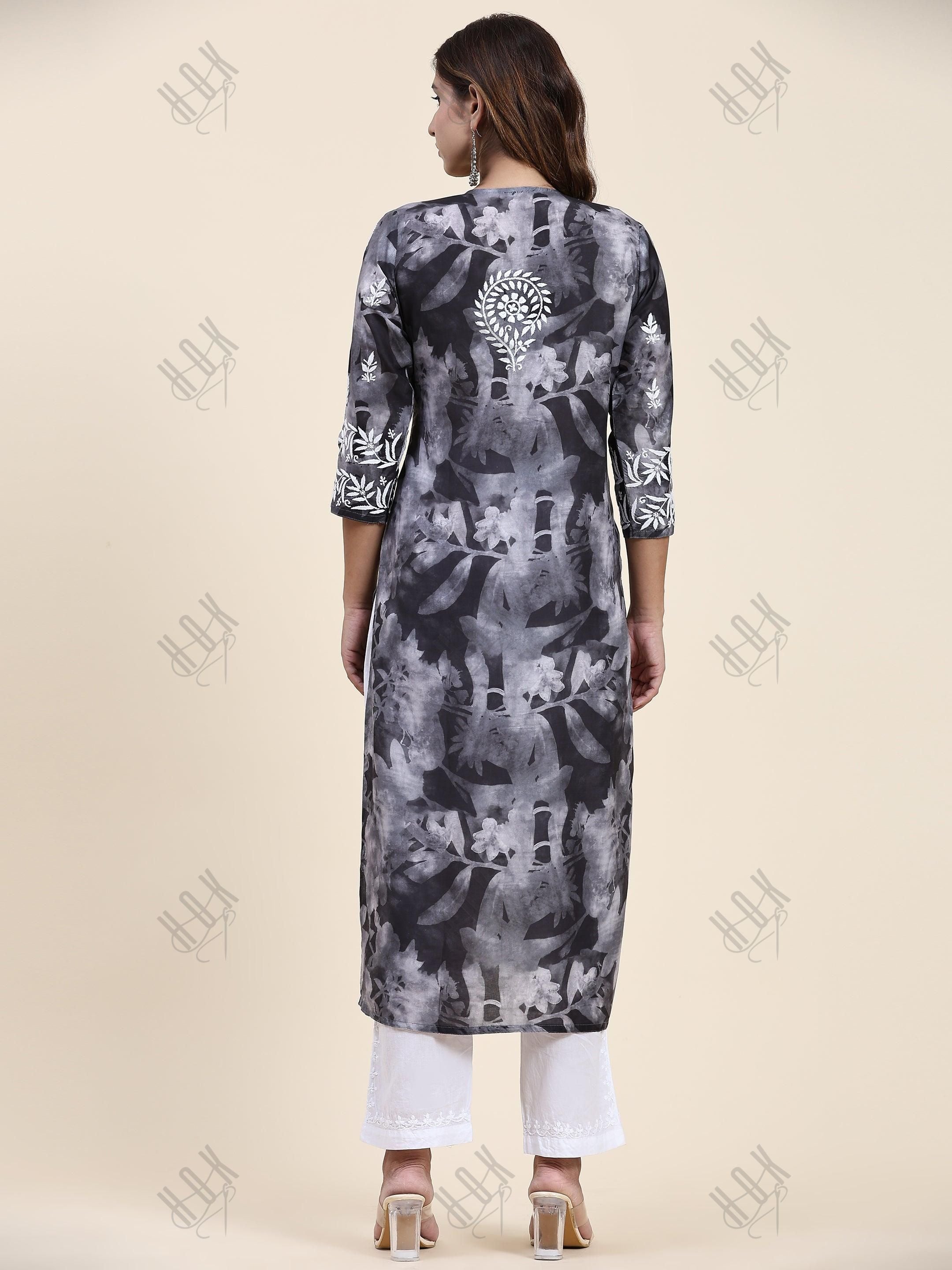 Fizaa Chikankari Long Kurta in Muslin Cotton for Women- Black Shade Print - House Of Kari (Chikankari Clothing)