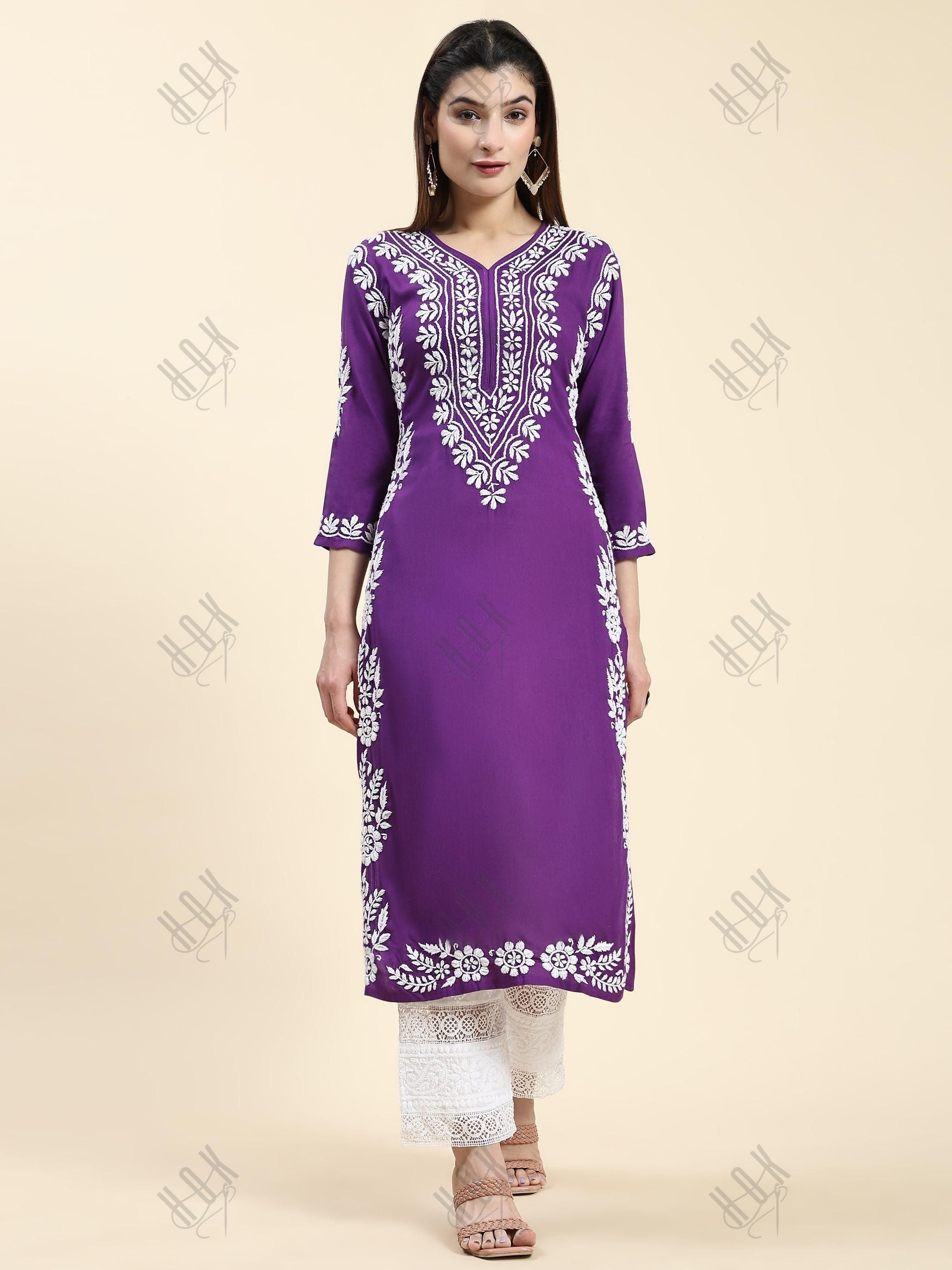 Tanika in Chikankari Long Kurta in Rayon Cotton for Women- Purple - House Of Kari (Chikankari Clothing)