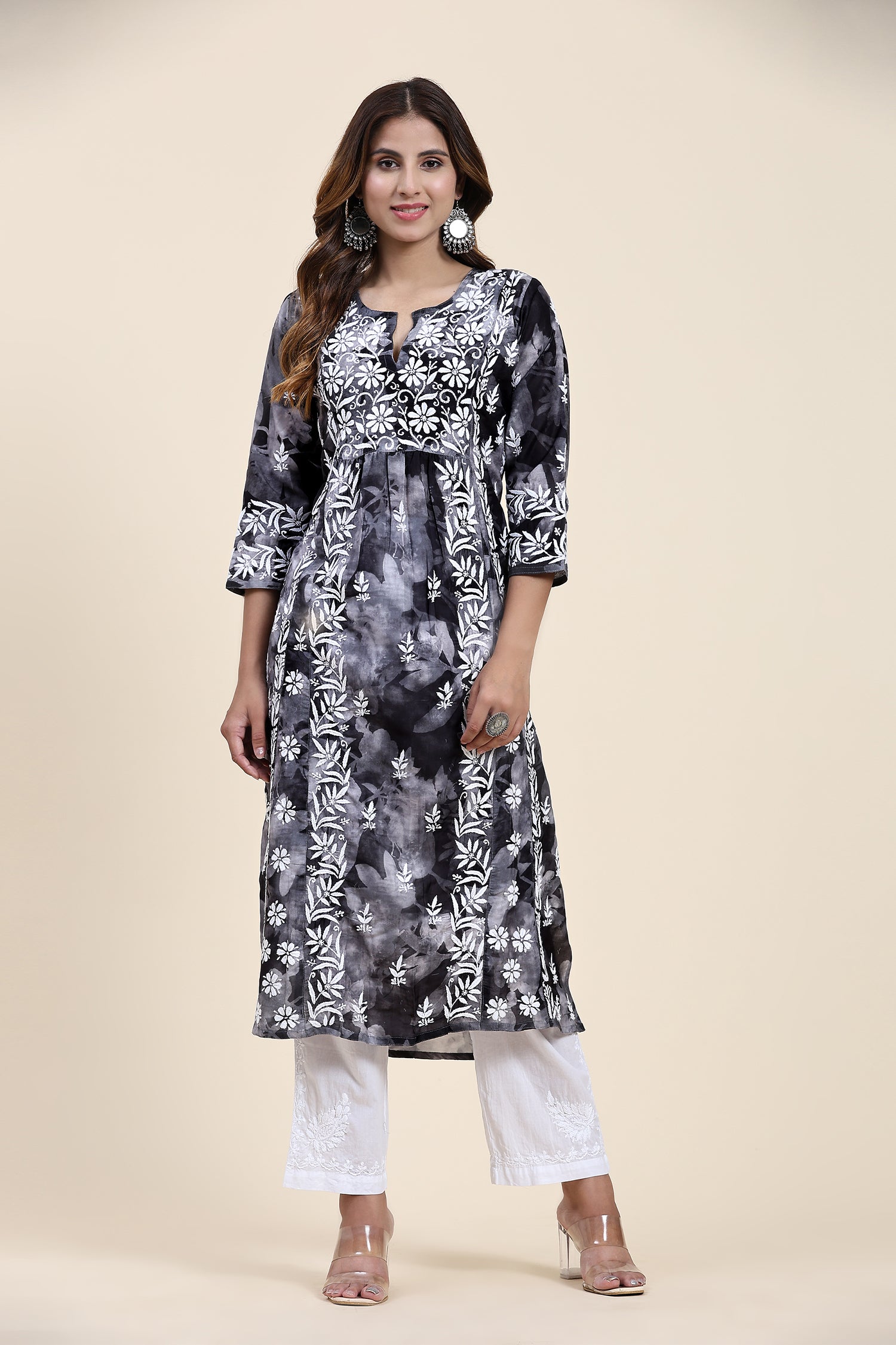 Fizaa Chikankari Long Kurta in Muslin Cotton for Women- Black Shade Print