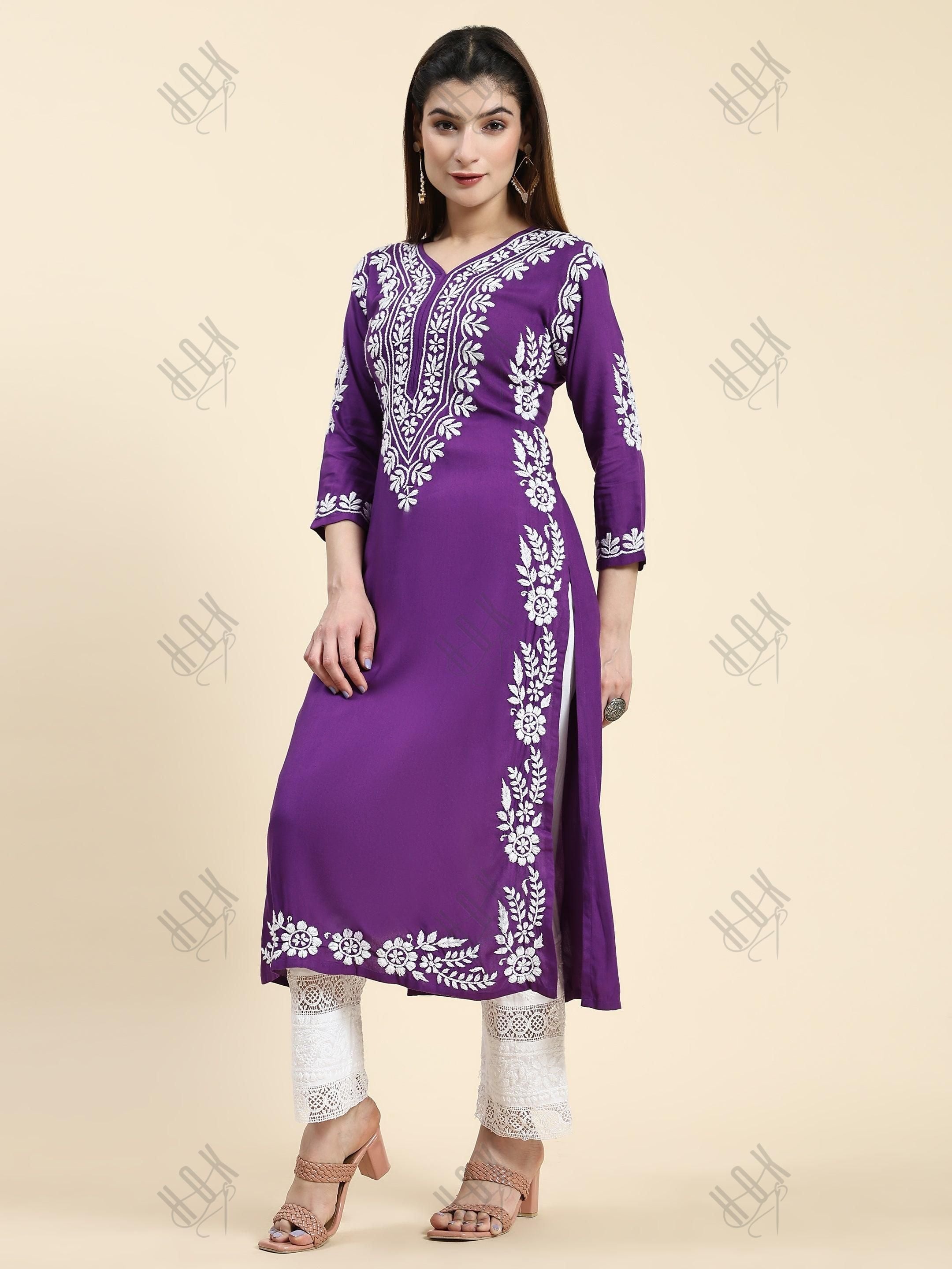 Tanika in Chikankari Long Kurta in Rayon Cotton for Women- Purple - House Of Kari (Chikankari Clothing)