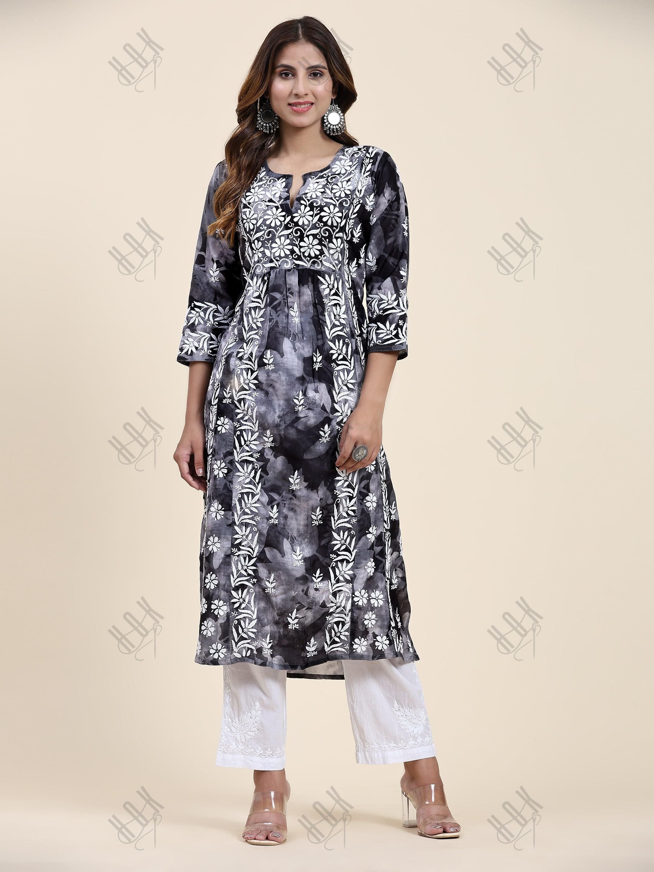 Fizaa Chikankari Long Kurta in Muslin Cotton for Women- Black Shade Print - House Of Kari (Chikankari Clothing)